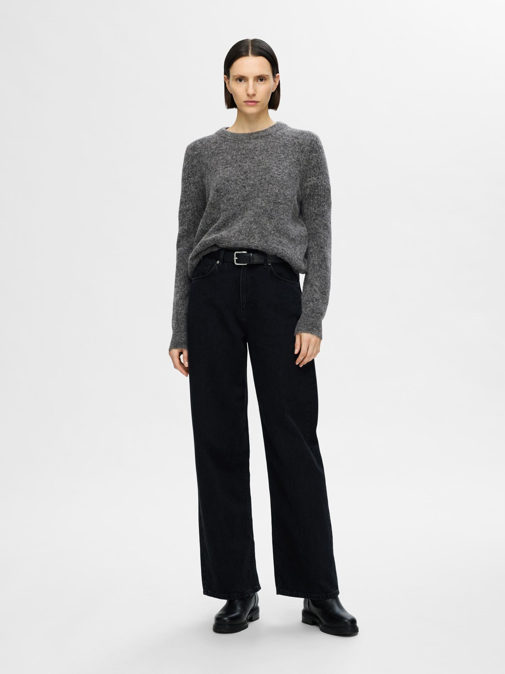 KNITTED WOOL BLEND JUMPER, Medium Grey Melange, highres