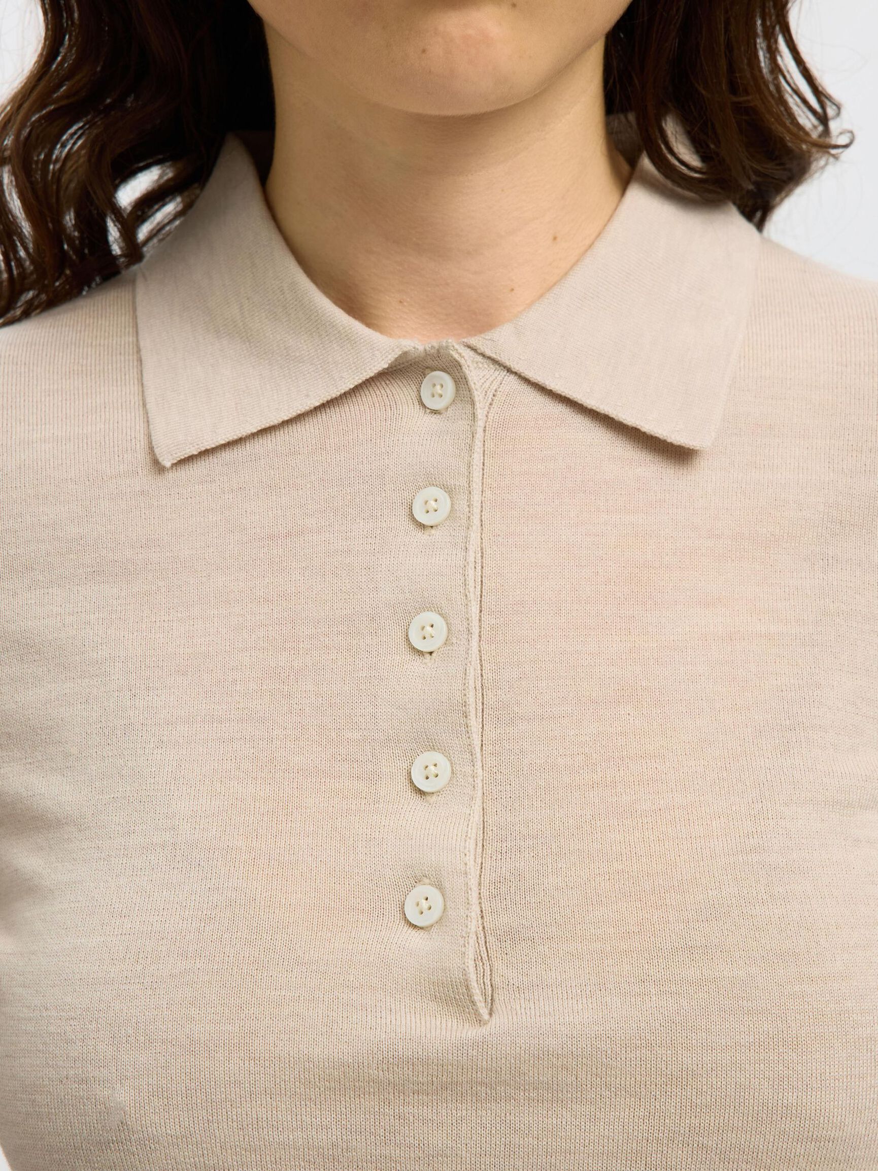 100% MERINOULD STRIKKET POLOSHIRT, Oatmeal, highres