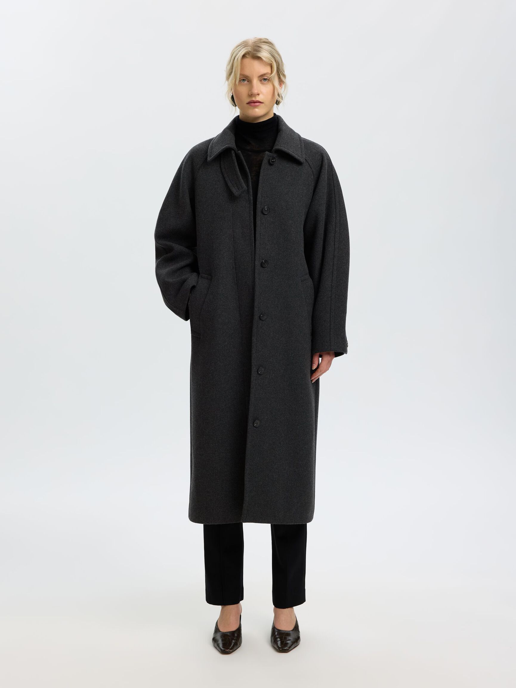 LAINE MÉLANGÉE LONG MANTEAU, Dark Grey, highres