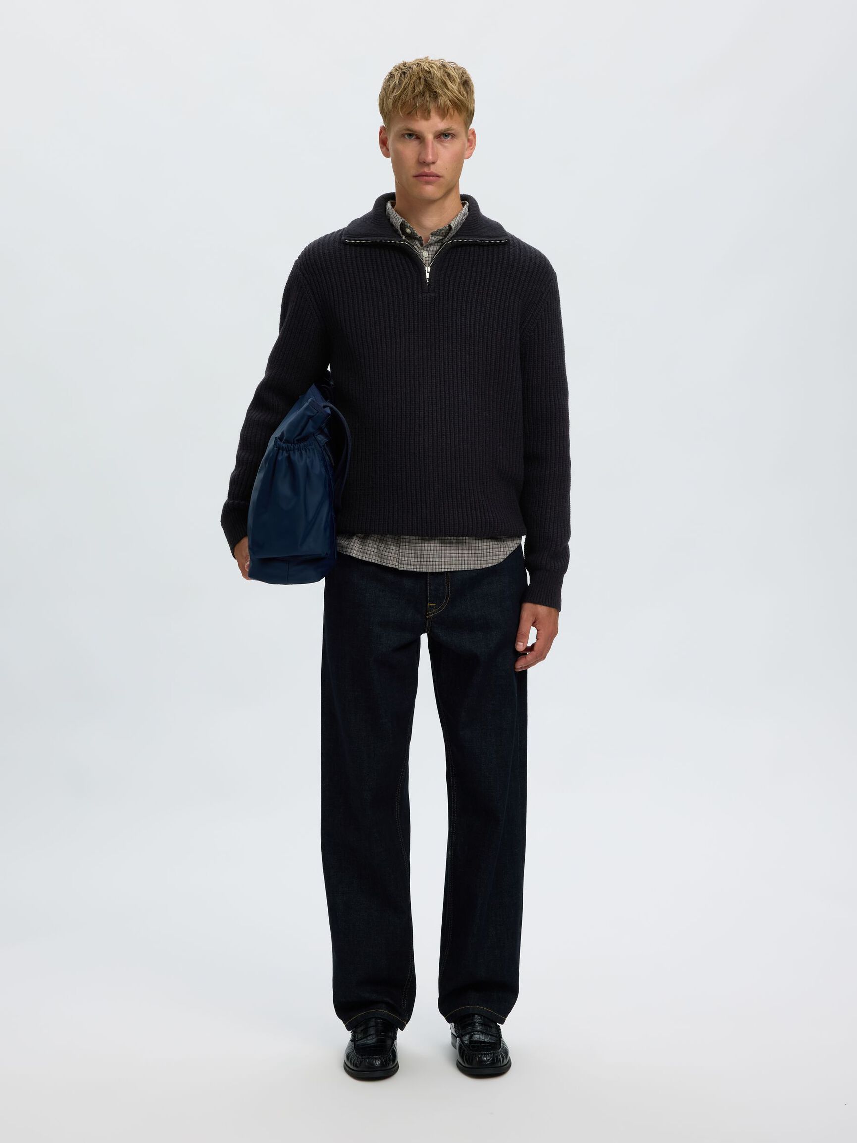 WOOL BLEND HALF-ZIP JUMPER, Black, highres