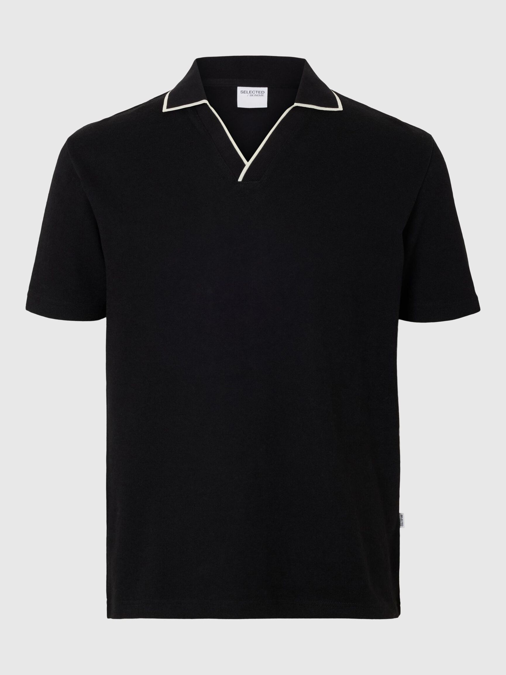 COTTON BLEND SPLIT NECK POLO SHIRT, Black, highres
