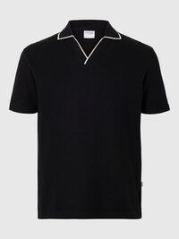 COTTON BLEND SPLIT NECK POLO SHIRT, Black, highres