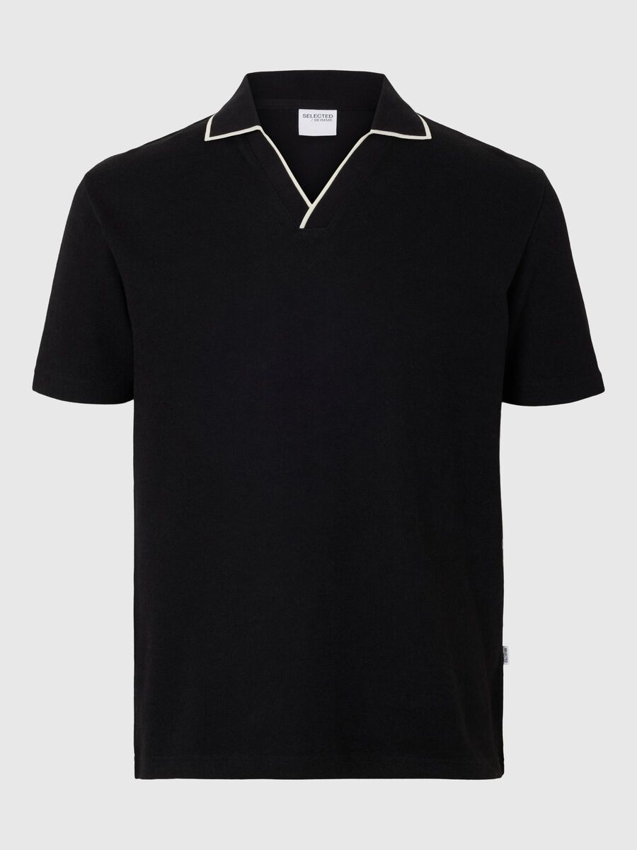 Selected COTTON BLEND SPLIT NECK POLO SHIRT, Black, highres - 16096777_Black_001.jpg