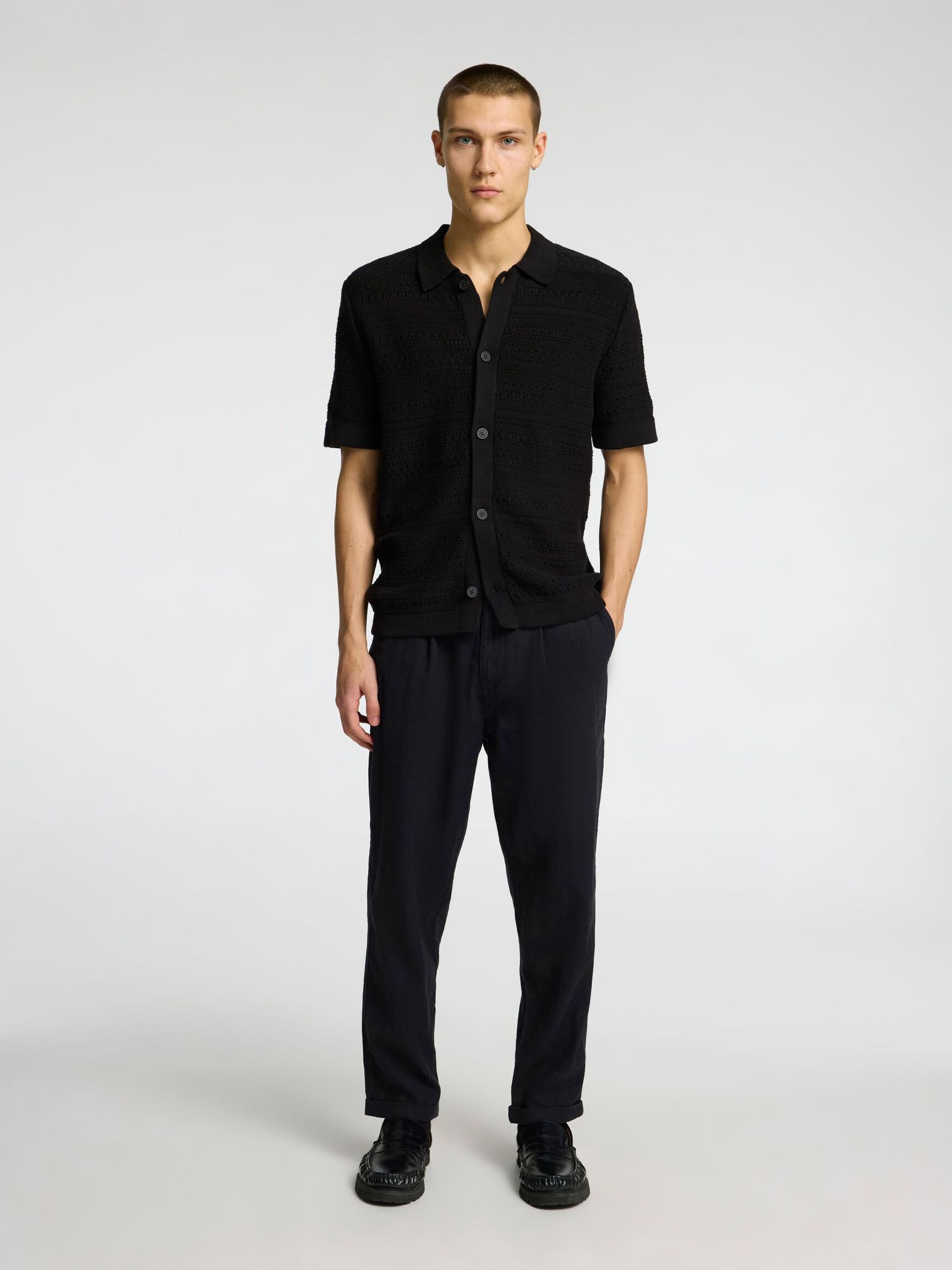 KNITTED SHORT SLEEVED SHIRT, Black, highres