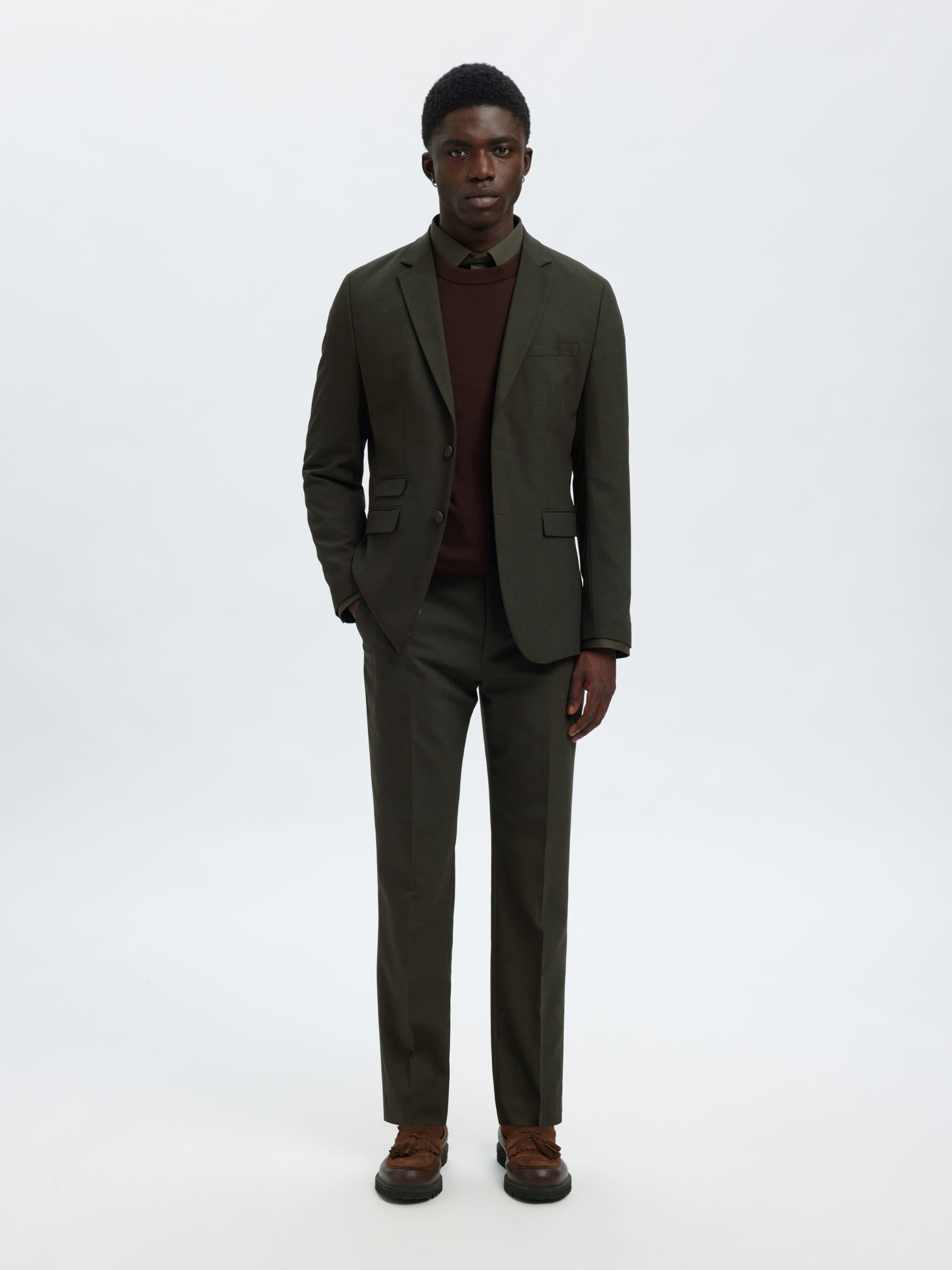 WOVEN WOOL BLEND BLAZER, Dark Green, highres