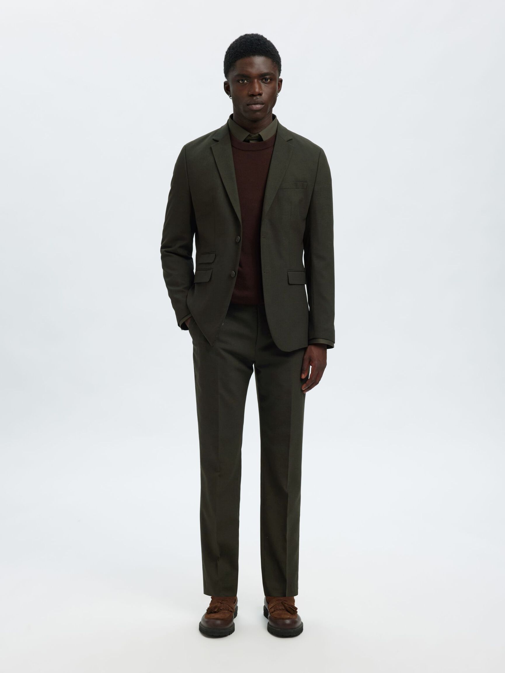 WOVEN WOOL BLEND BLAZER, Dark Green, highres