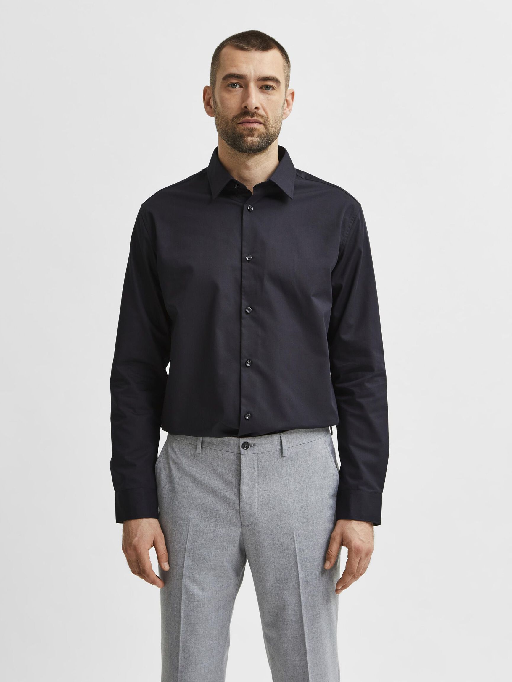 LANGE MOUWEN SLIM FIT OVERHEMD, Black, highres