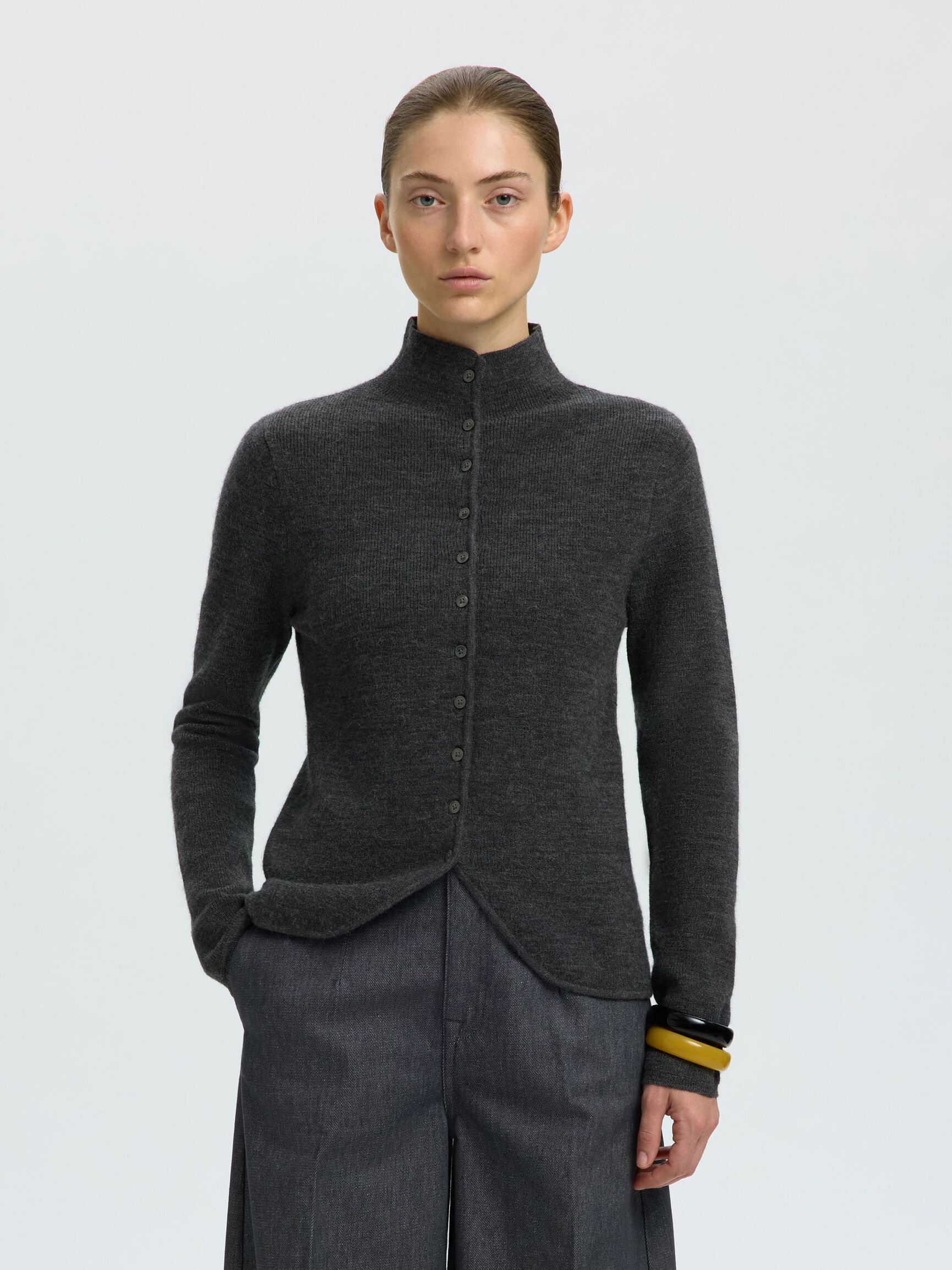 HIGH-NECK BUTTON-THROUGH KNITTED CARDIGAN, Medium Grey Melange, highres