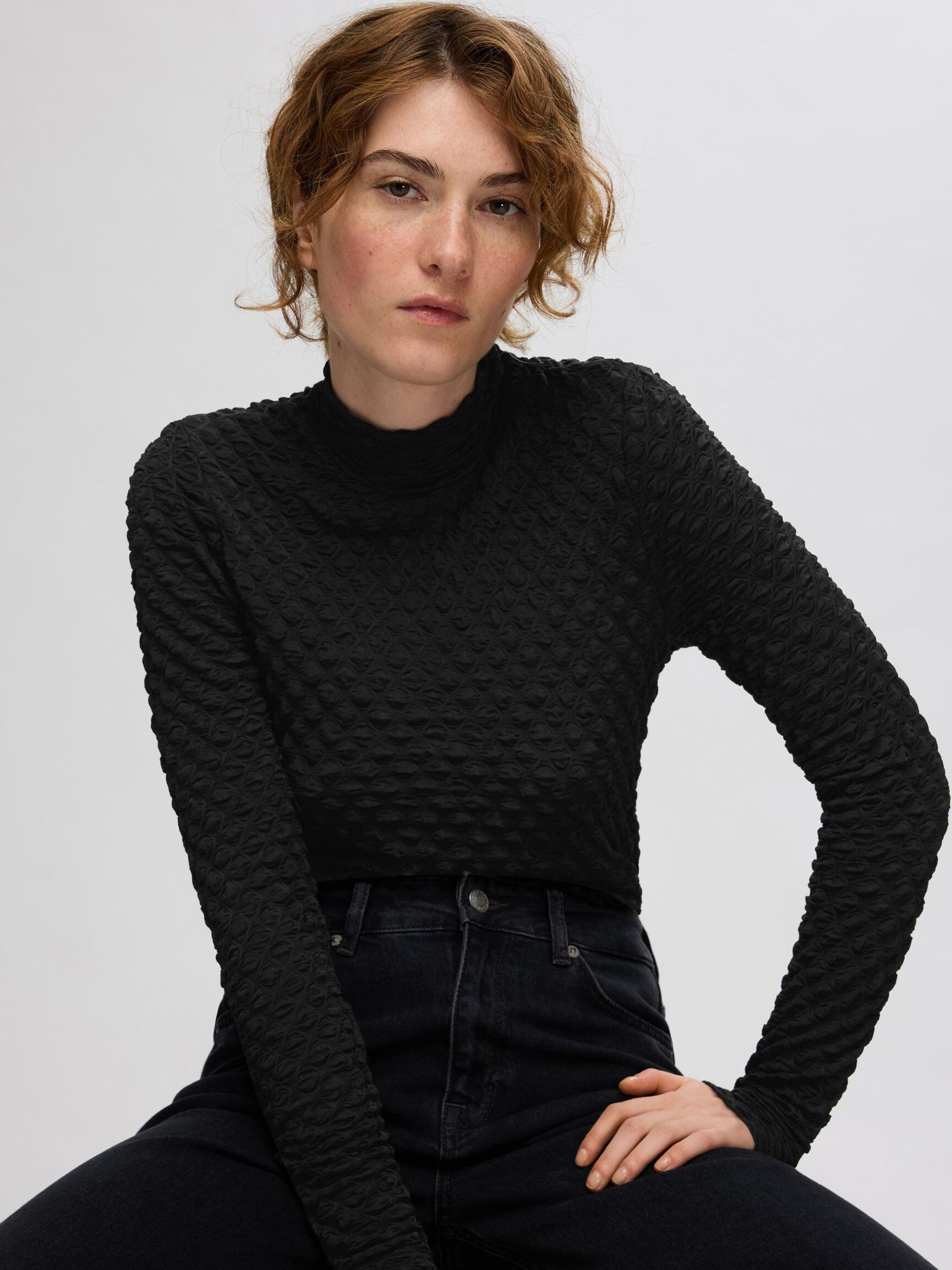 TEXTURED LONG SLEEVED TOP, Black, highres