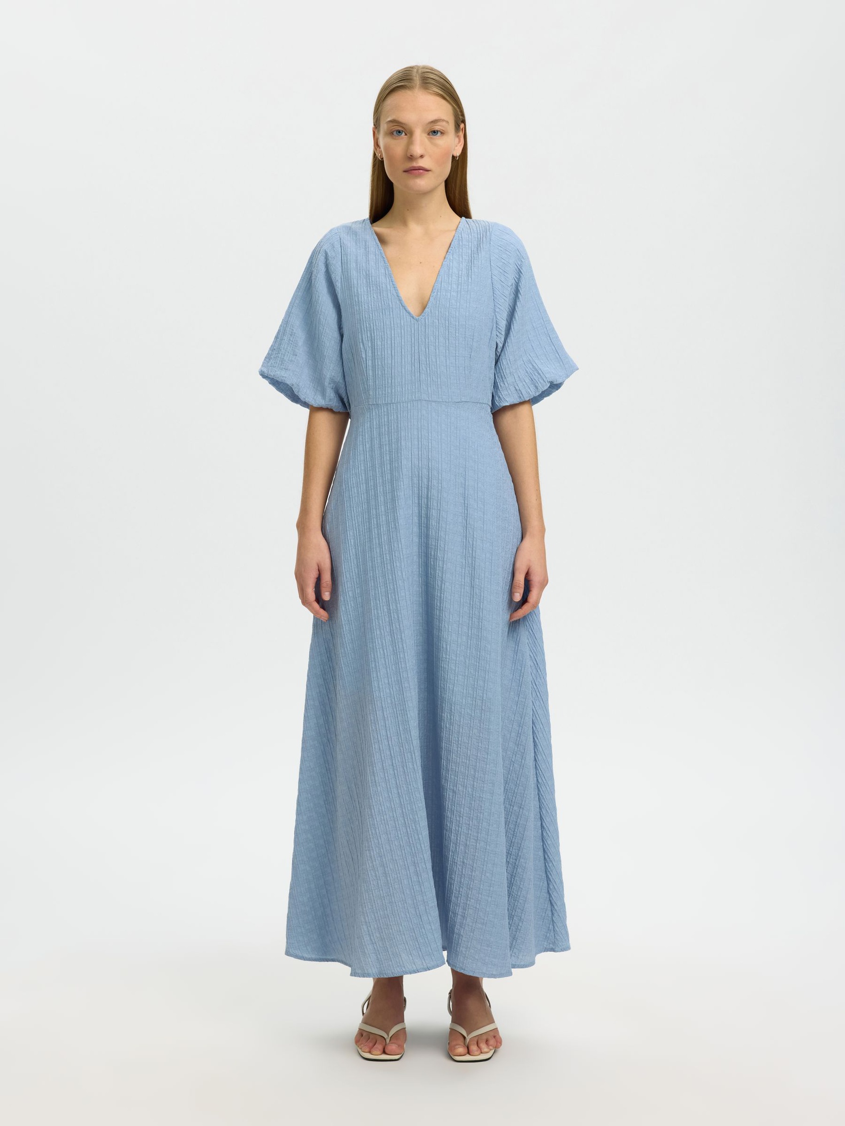 BALLOON SLEEVE MIDI DRESS, Dusty Blue, highres