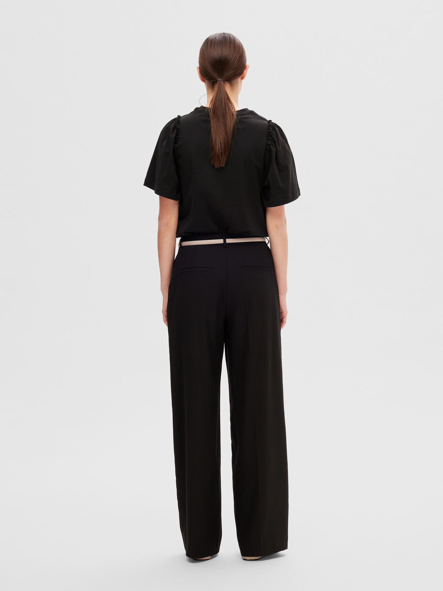 RUFFLED COTTON T-SHIRT, Black, highres