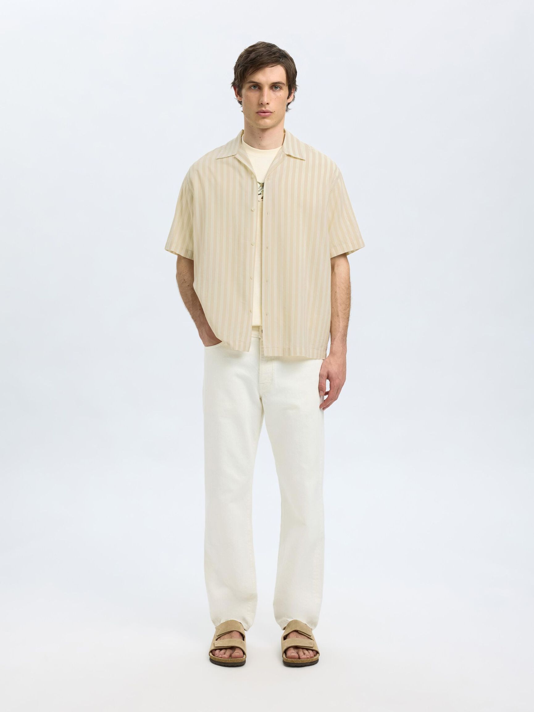 TRYCKTA KORTÄRMAD SKJORTA, Oatmeal, highres