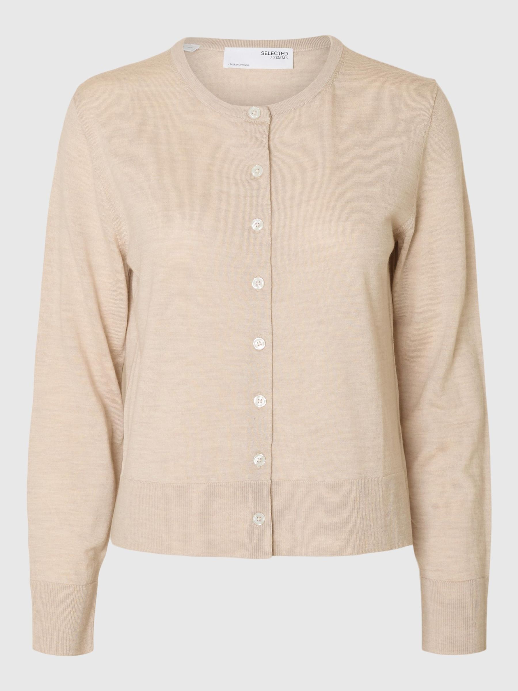 100% MERINO WOOL KNITTED CARDIGAN, Oatmeal, highres