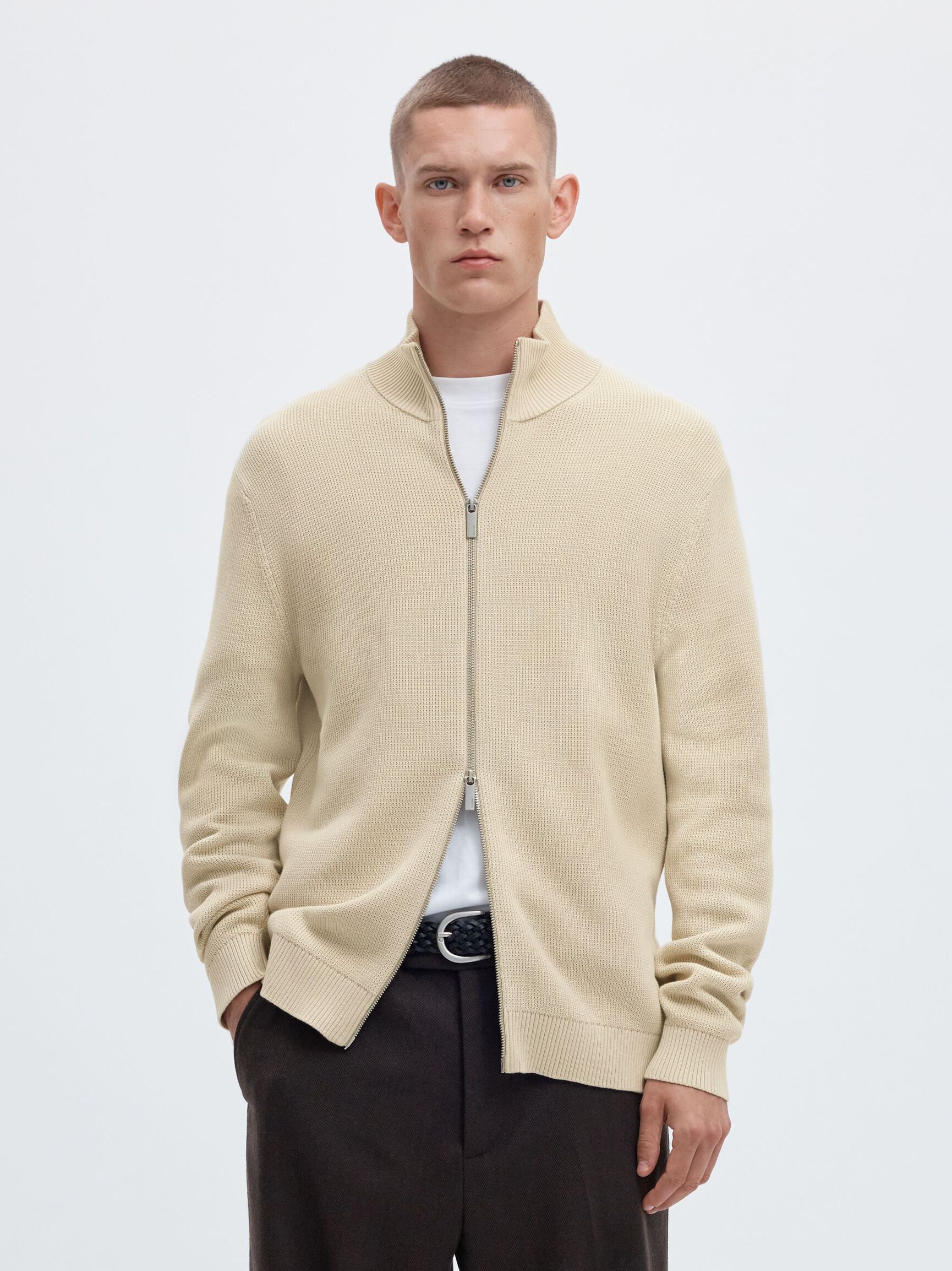 ZIPPED HIGH NECK PULLOVER, Oatmeal, highres