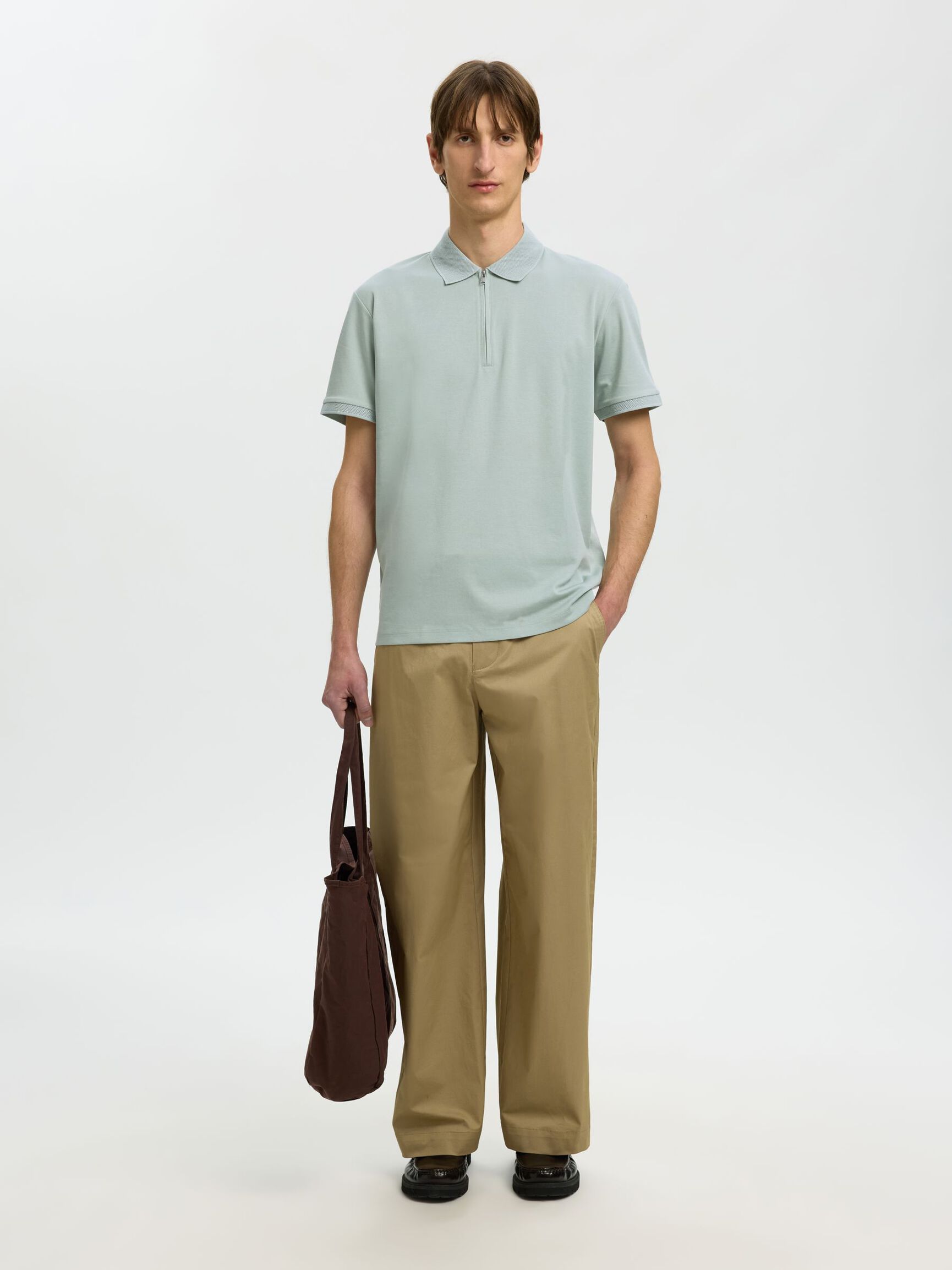 ZIPPER POLOHEMD AUS STRICK, Aqua Gray, highres