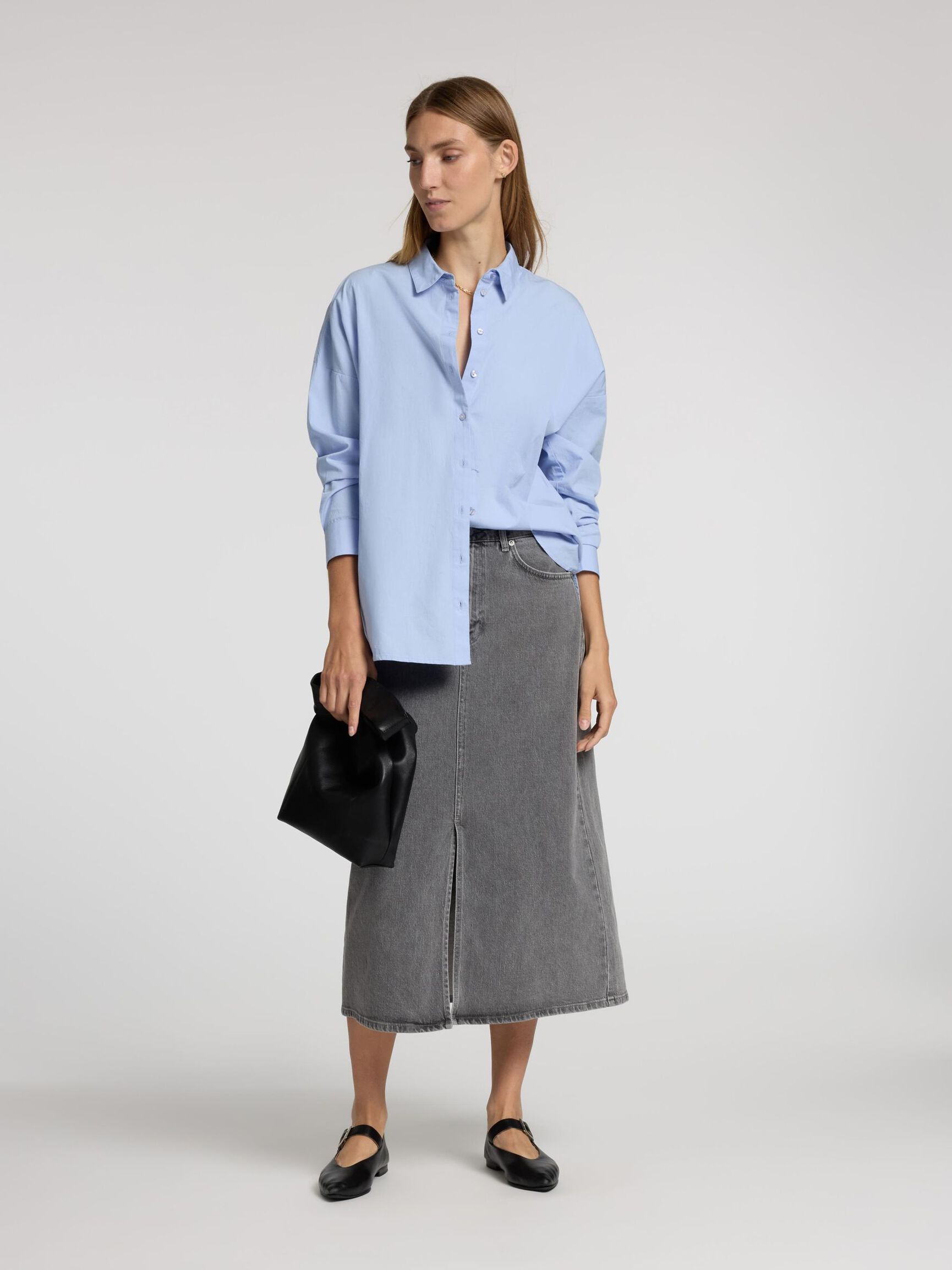DENIM MIDI SKIRT, Light Grey Denim, highres