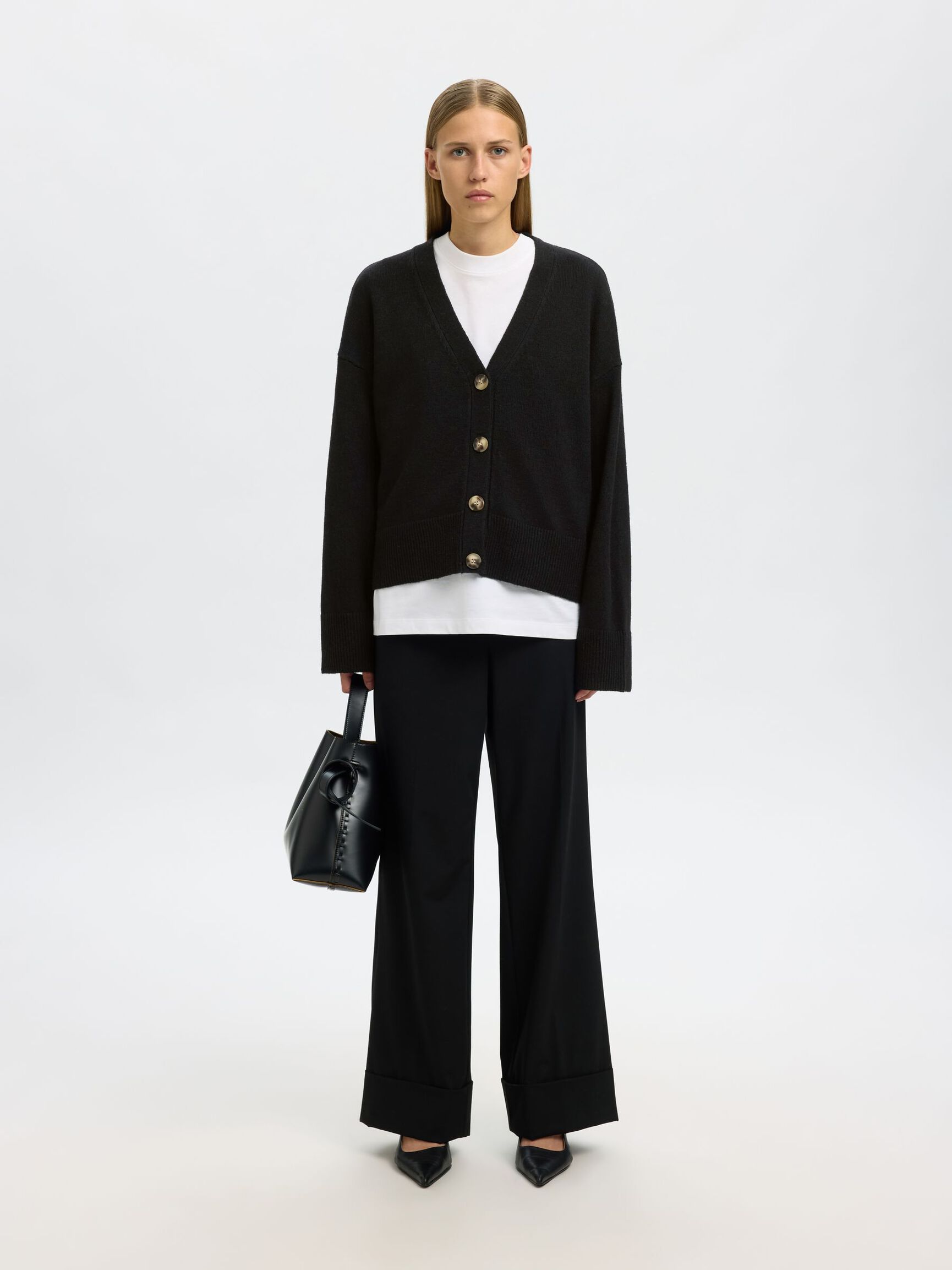 WOOL BLEND KNITTED CARDIGAN, Black, highres