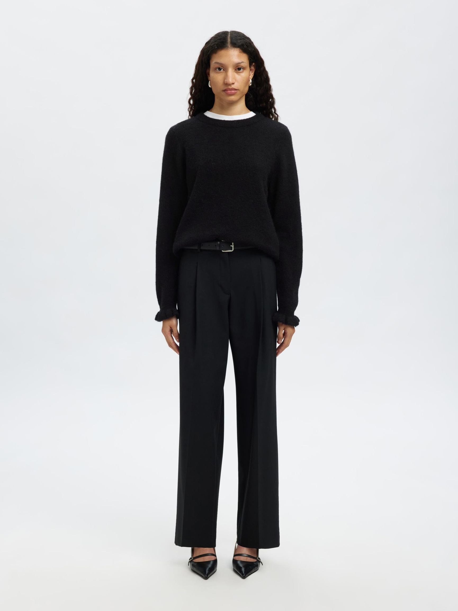 WOOL BLEND RUFFLED SLEEVE PULLOVER, Black, highres