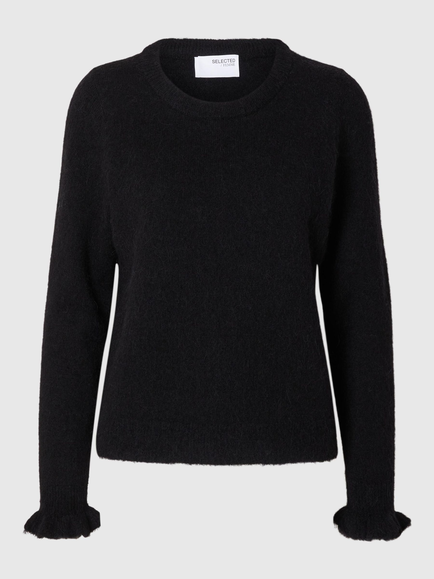 WOOL BLEND RUFFLED SLEEVE PULLOVER, Black, highres