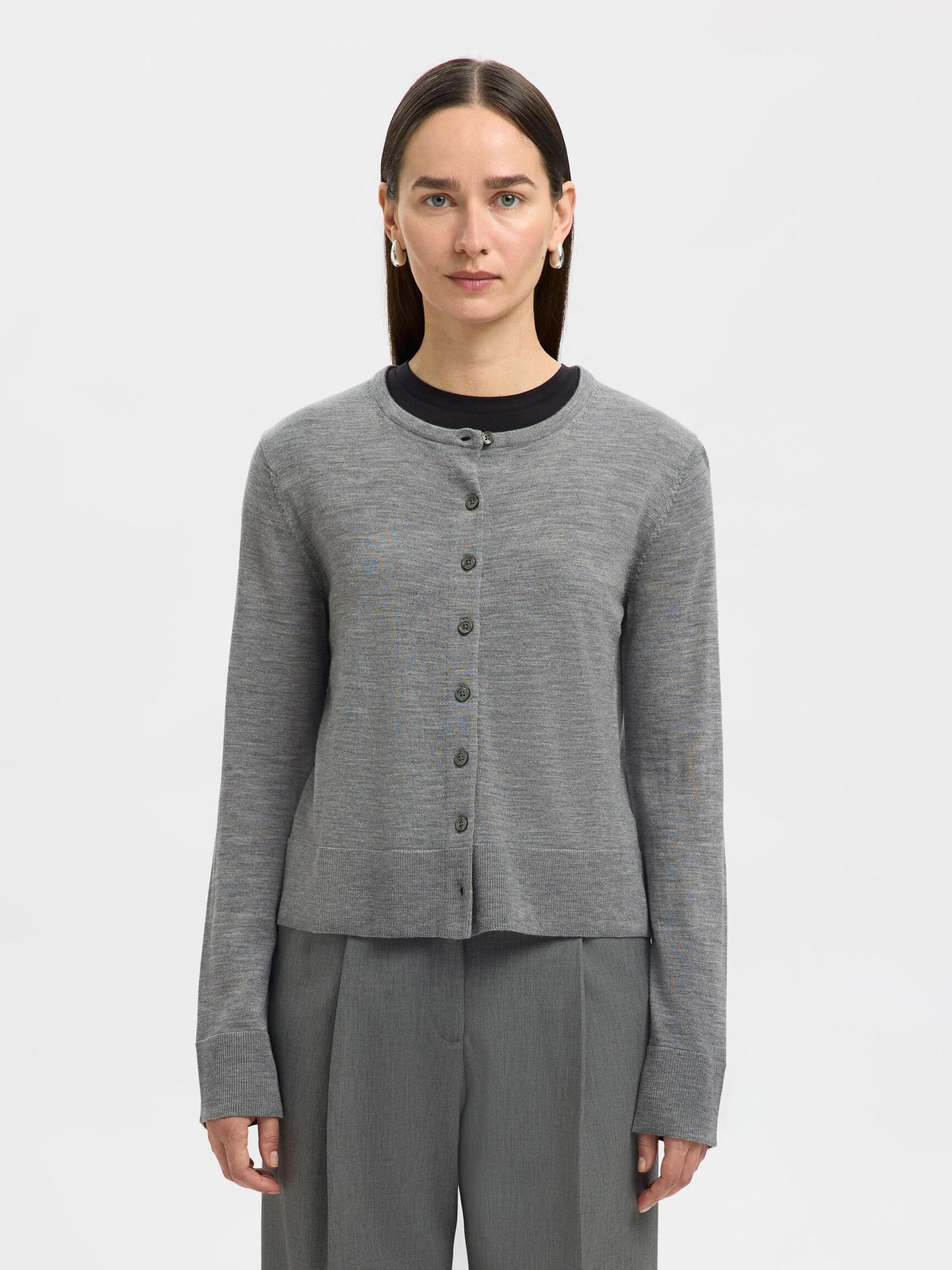 100% MERINOULD STRIKKET CARDIGAN, Medium Grey Melange, highres