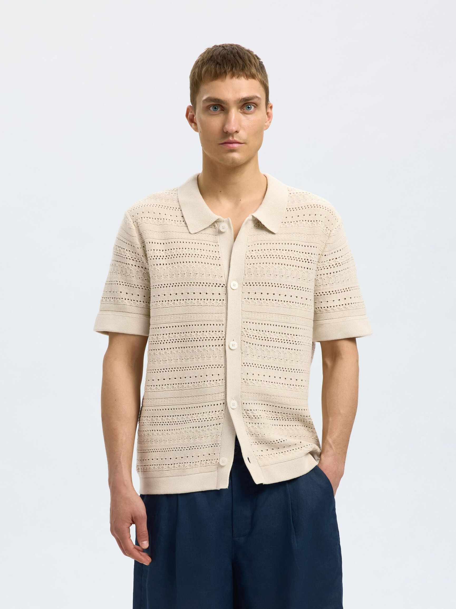 KNITTED SHORT SLEEVED SHIRT, Oatmeal, highres