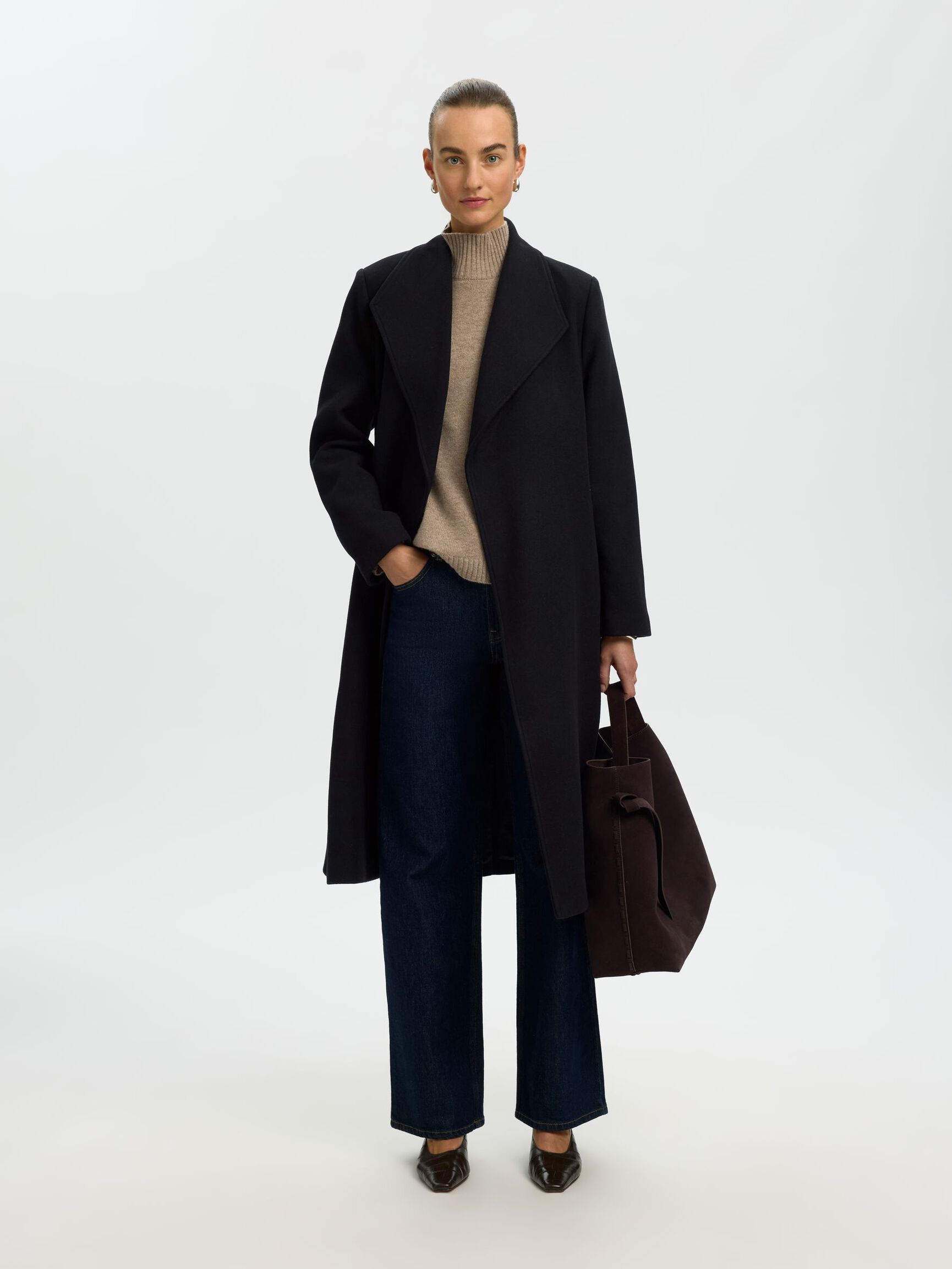 WOOL BLEND LONG COAT, Black, highres