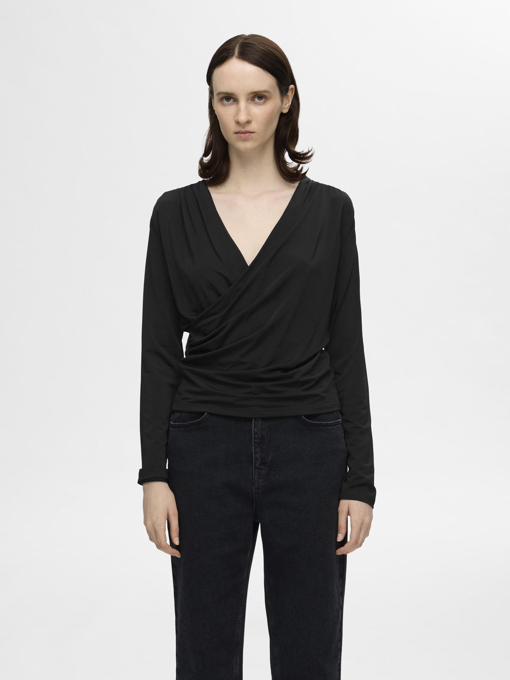 VISCOSE BLEND WRAP TOP, Black, highres