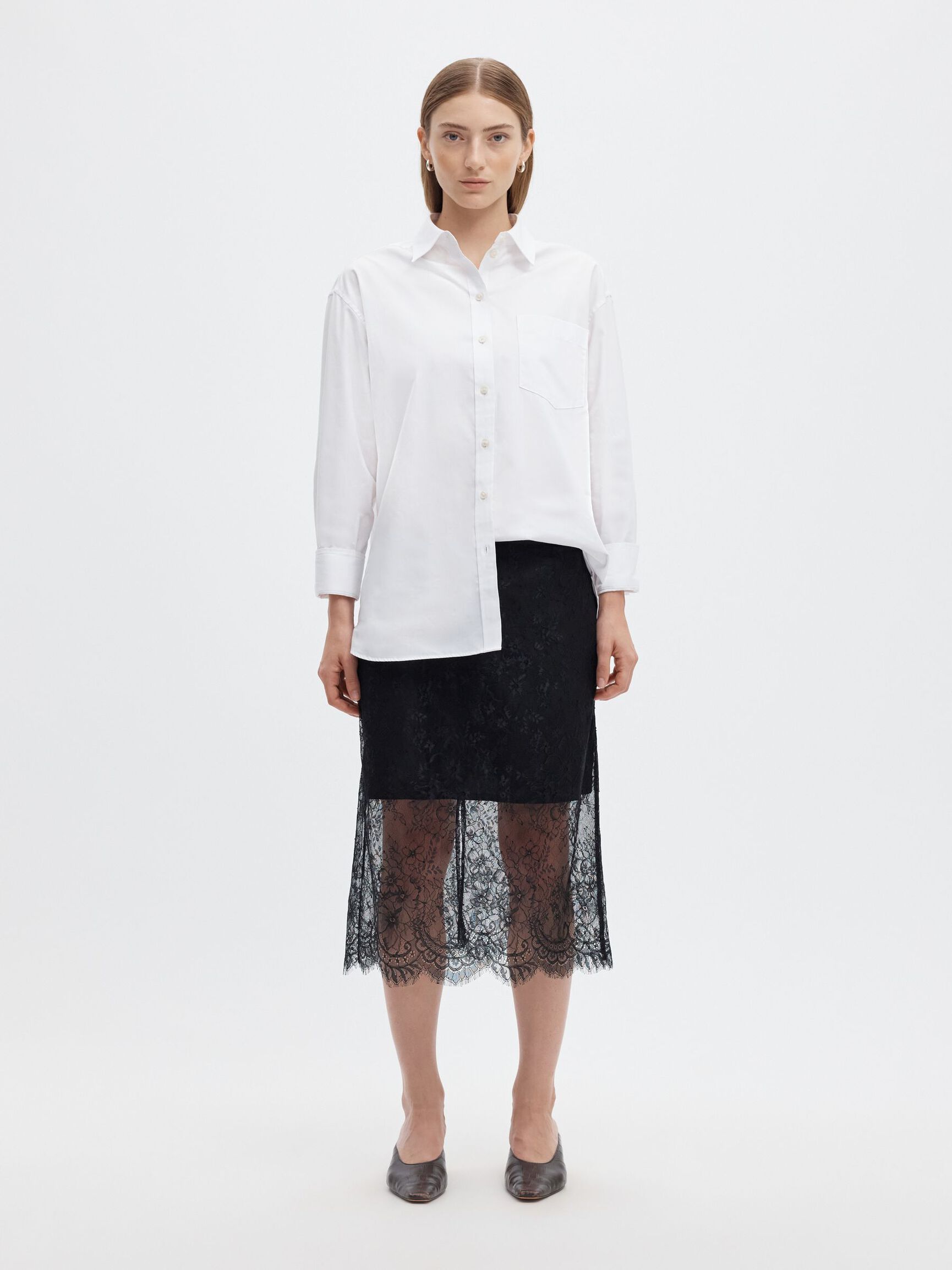 LACE MIDI SKIRT, Black, highres