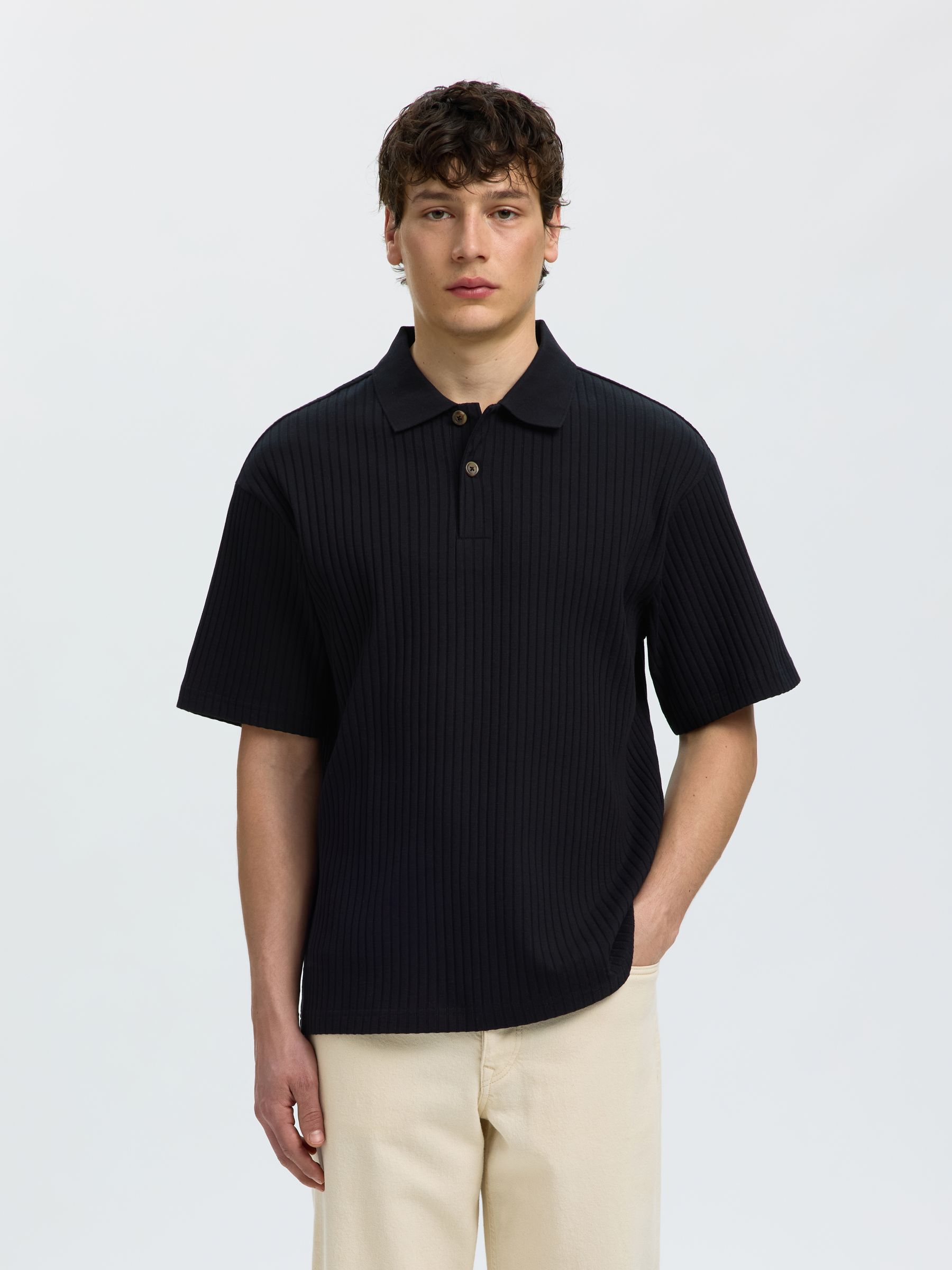 RELAXED FIT RIBBED POLO SHIRT, Black, highres