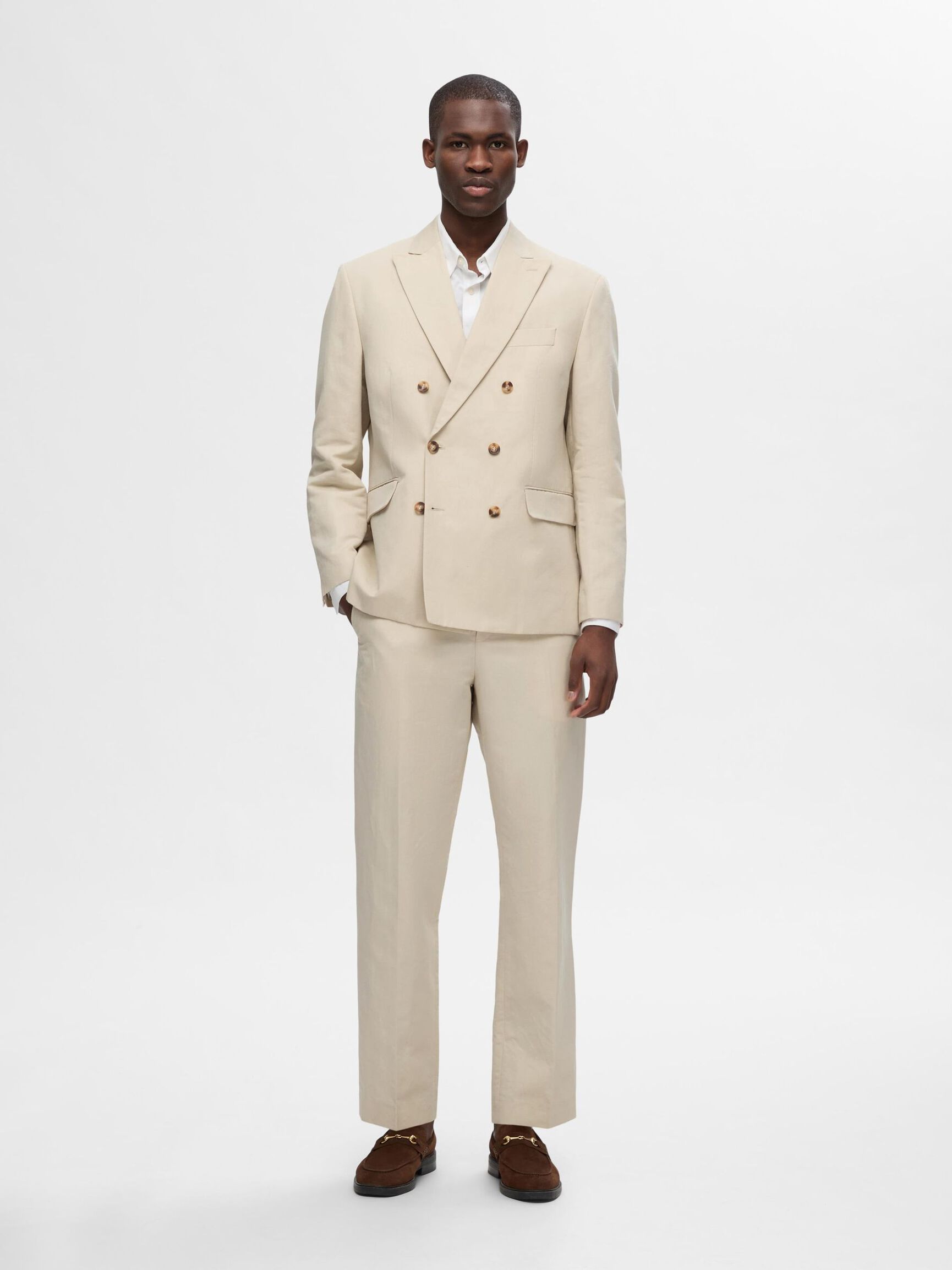 DOUBLE BREASTED LINEN BLEND BLAZER, Sand, highres