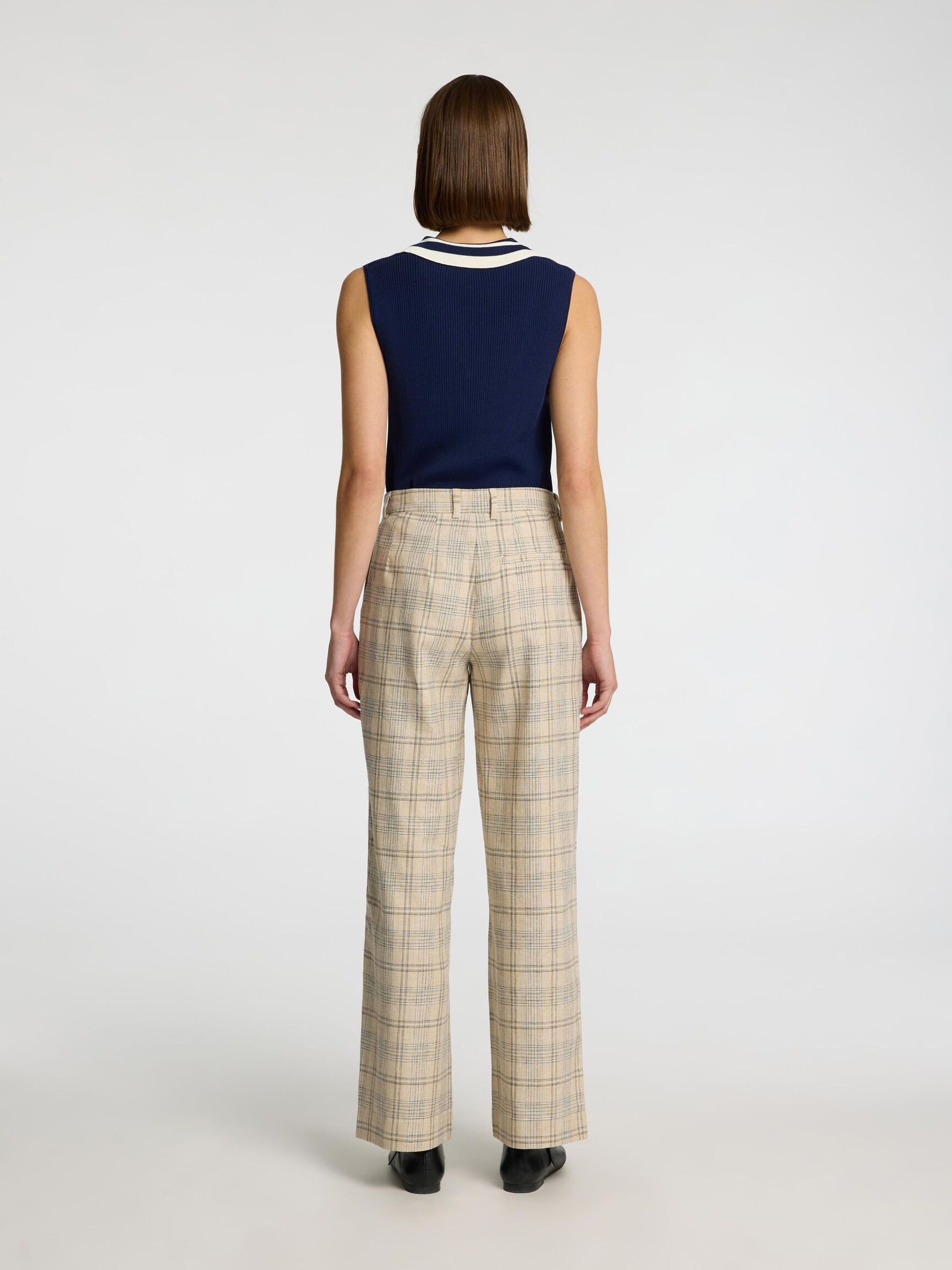LINEN BLEND CHECKED WIDE-LEG TROUSERS, Bleached Sand, highres