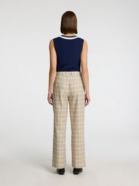 LINEN BLEND CHECKED WIDE-LEG TROUSERS, Bleached Sand, highres
