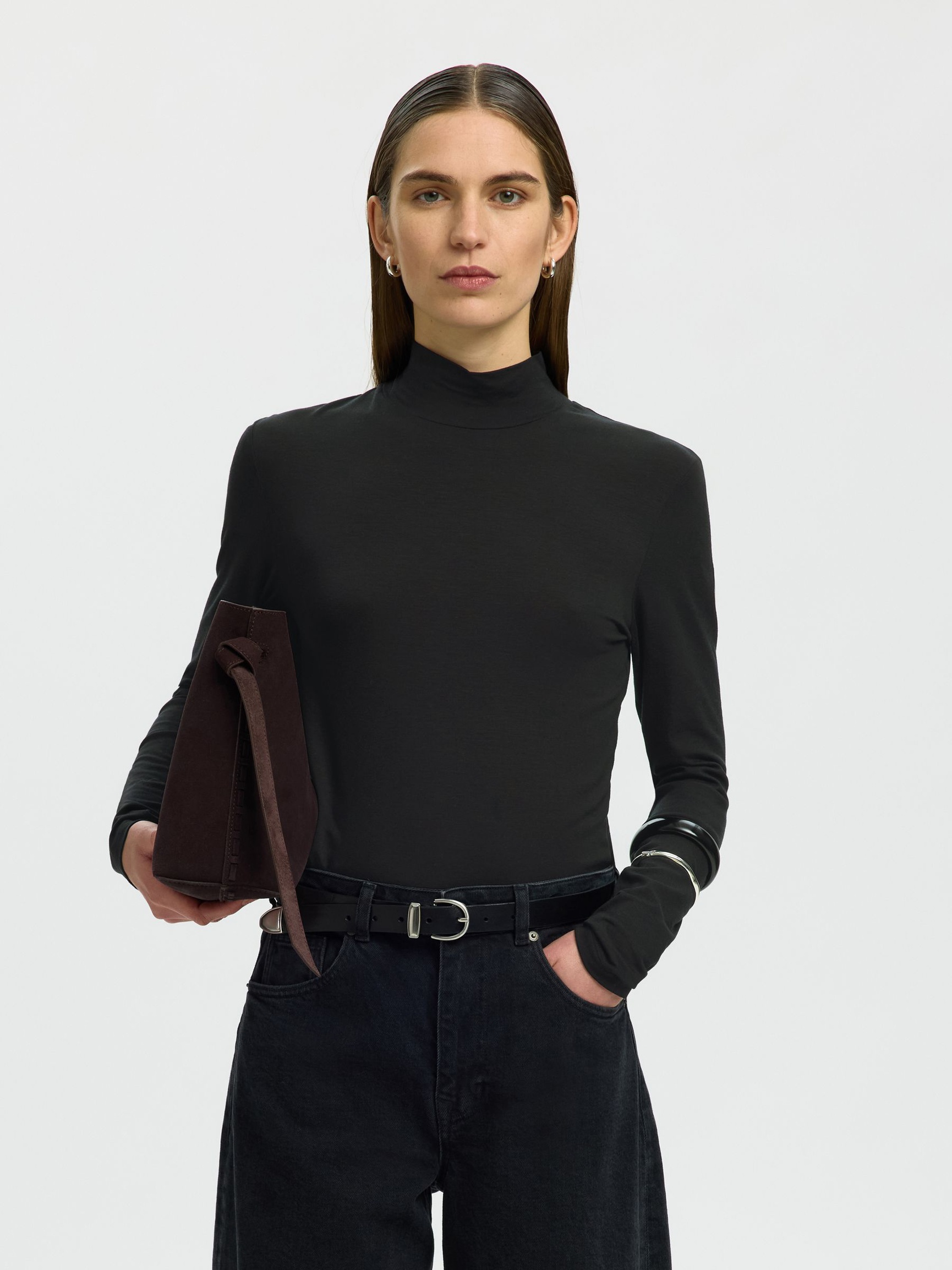 BASIC HØJ HALS TOP MED LANGE ÆRMER, Black, highres