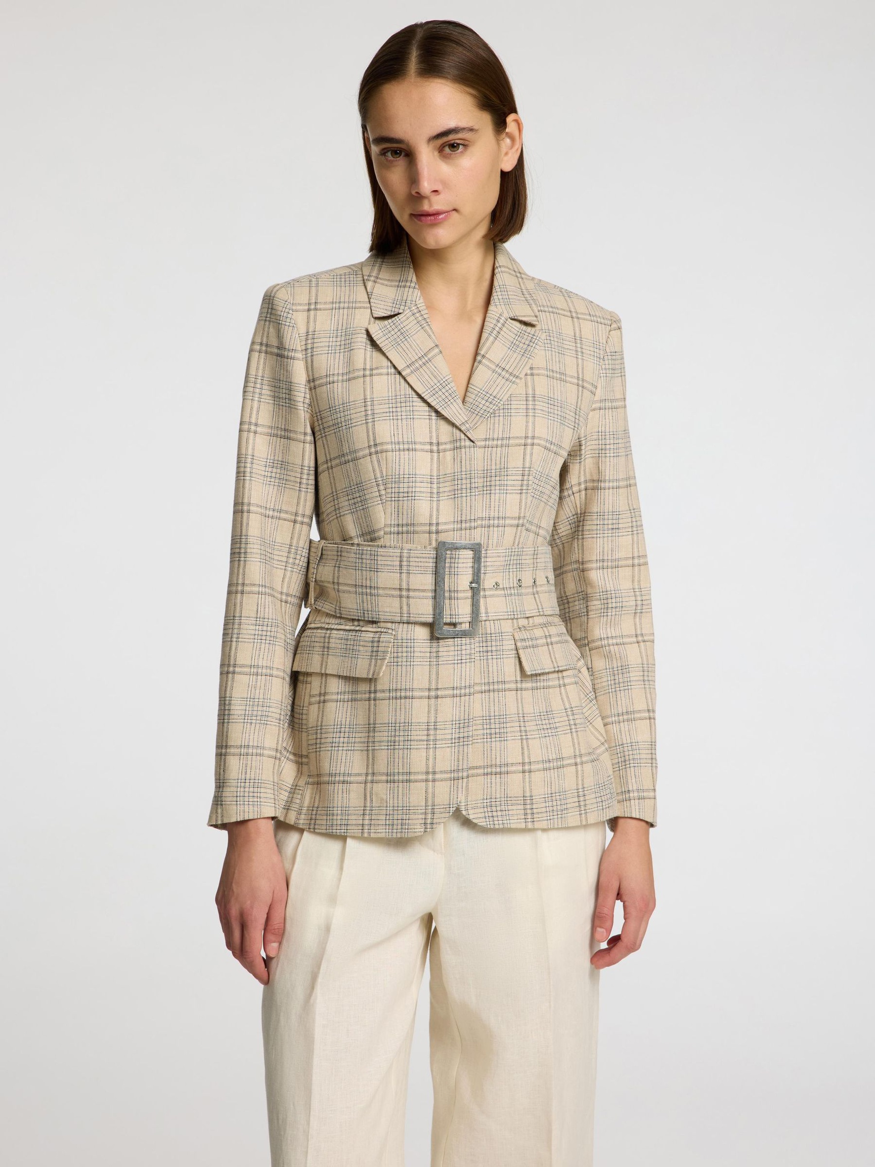 LINBLANDING RUTETE BLAZER MED FIGURNÆR PASSFORM, Bleached Sand, highres