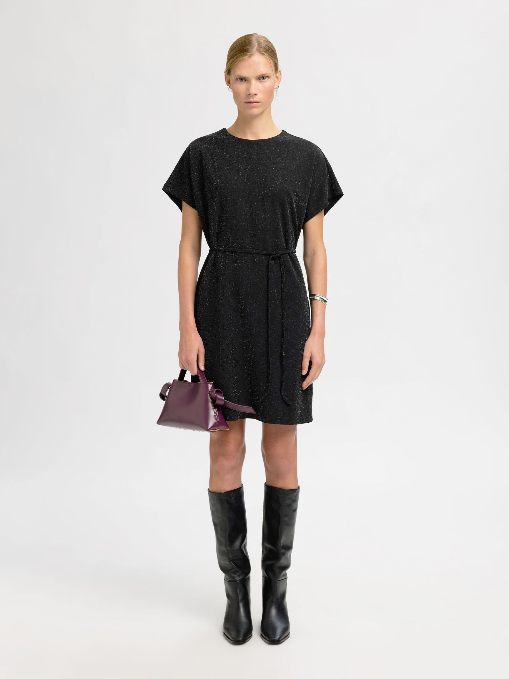 METALLIC GLITTER MIDI-JURK, Black, highres