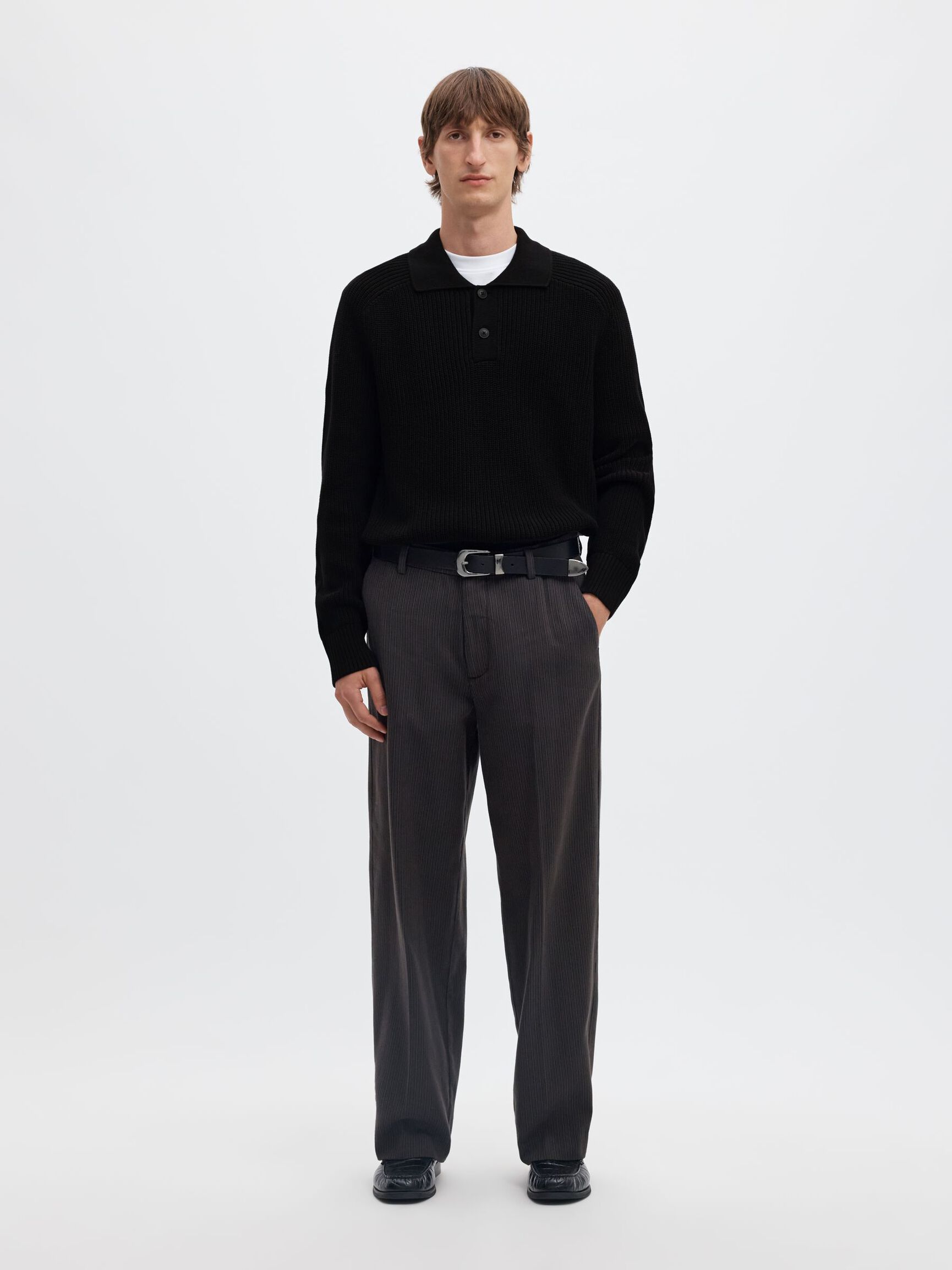 RIBBET STRIKKET POLOSKJORTE, Black, highres
