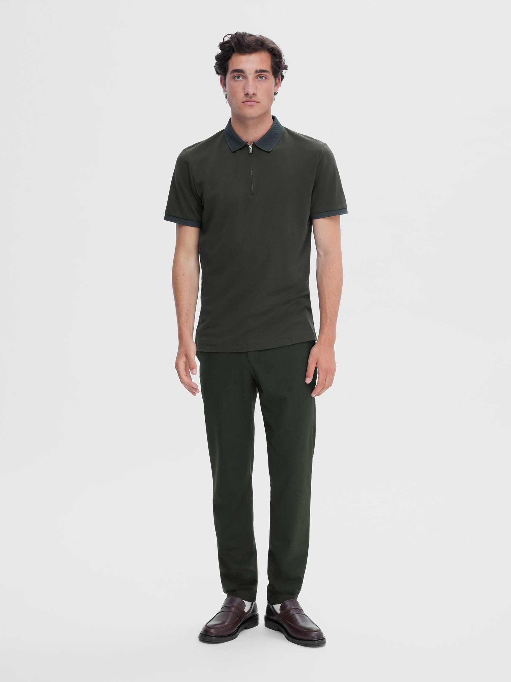 ZIPPER KNITTED POLO SHIRT, Green Gables, highres