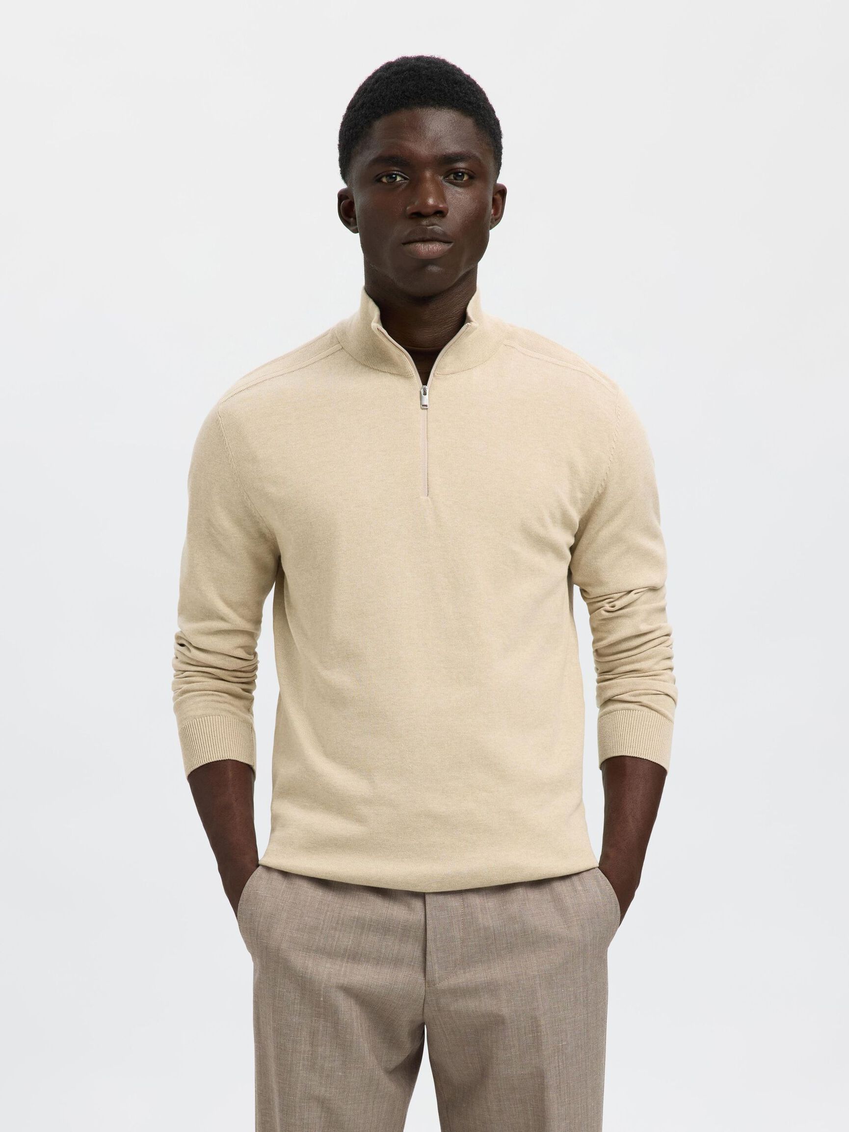 HALF-ZIP KNITTED JUMPER, Oatmeal, highres