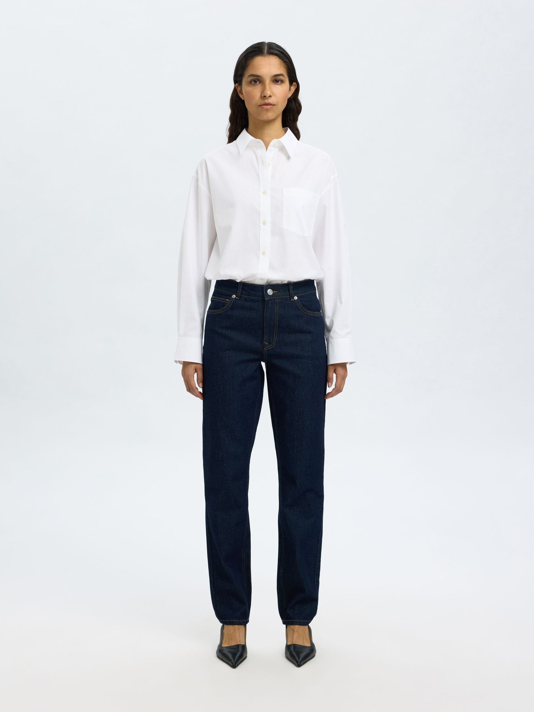 MID WAIST SLIM JEANS MED TAPERED FIT, Dark Blue Denim, highres