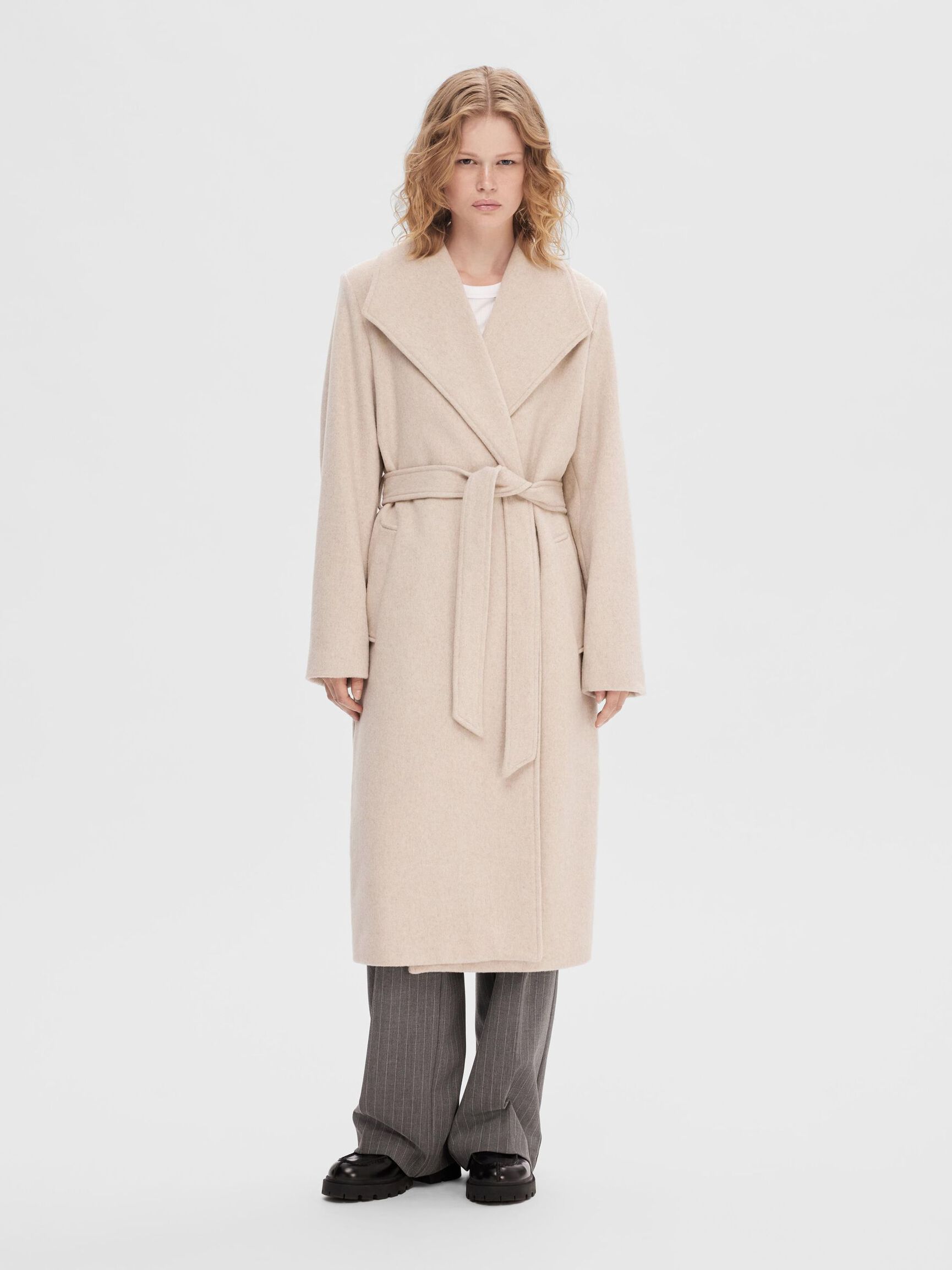 BELTED WOOL BLEND COAT, Sandshell, highres