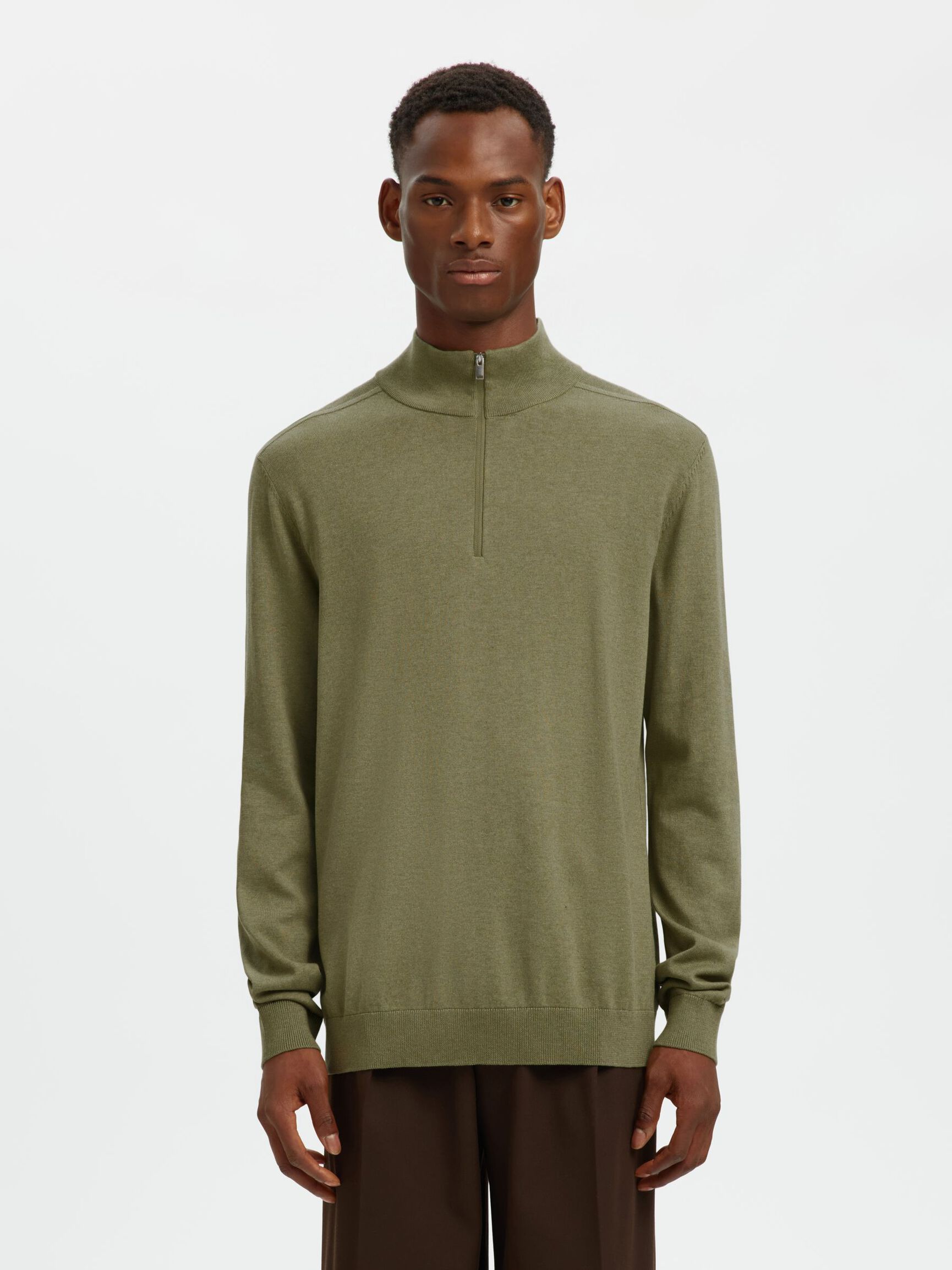 HALF-ZIP KNITTED JUMPER, Deep Lichen Green, highres