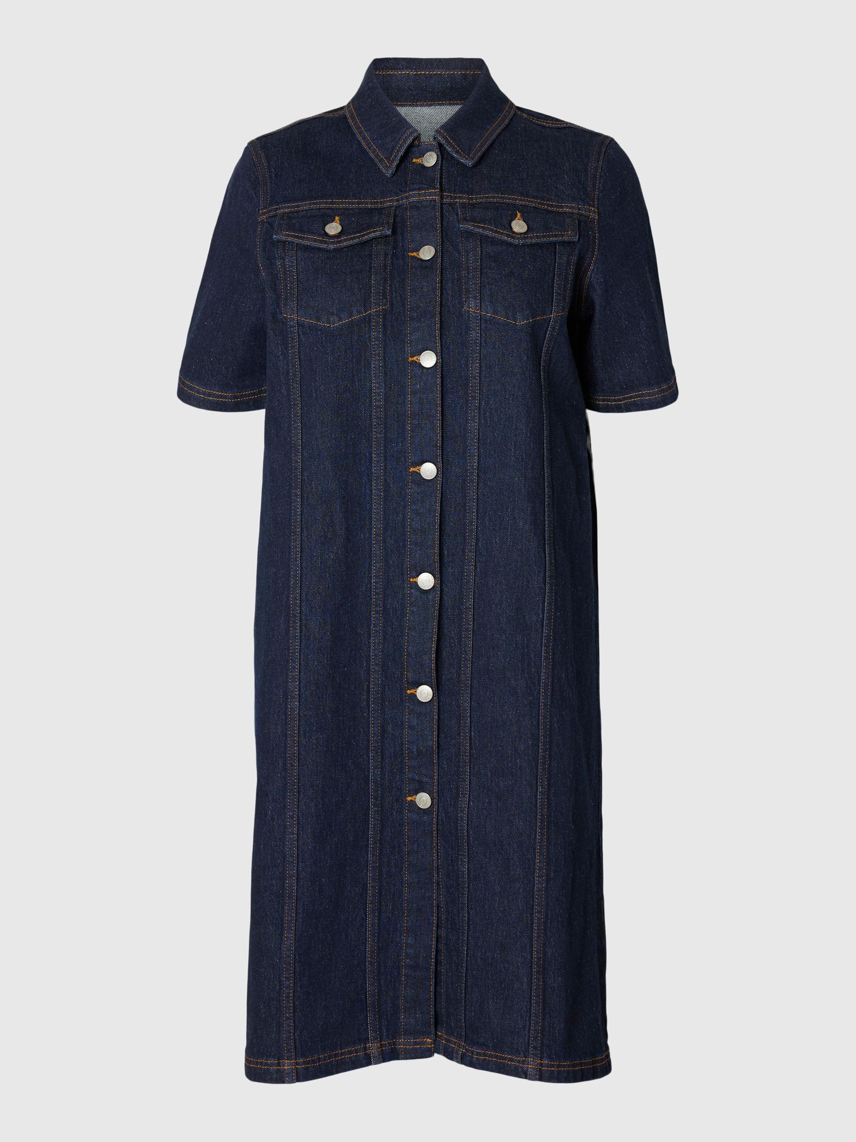 SHORT SLEEVED DENIM DRESS, Dark Blue Denim, highres