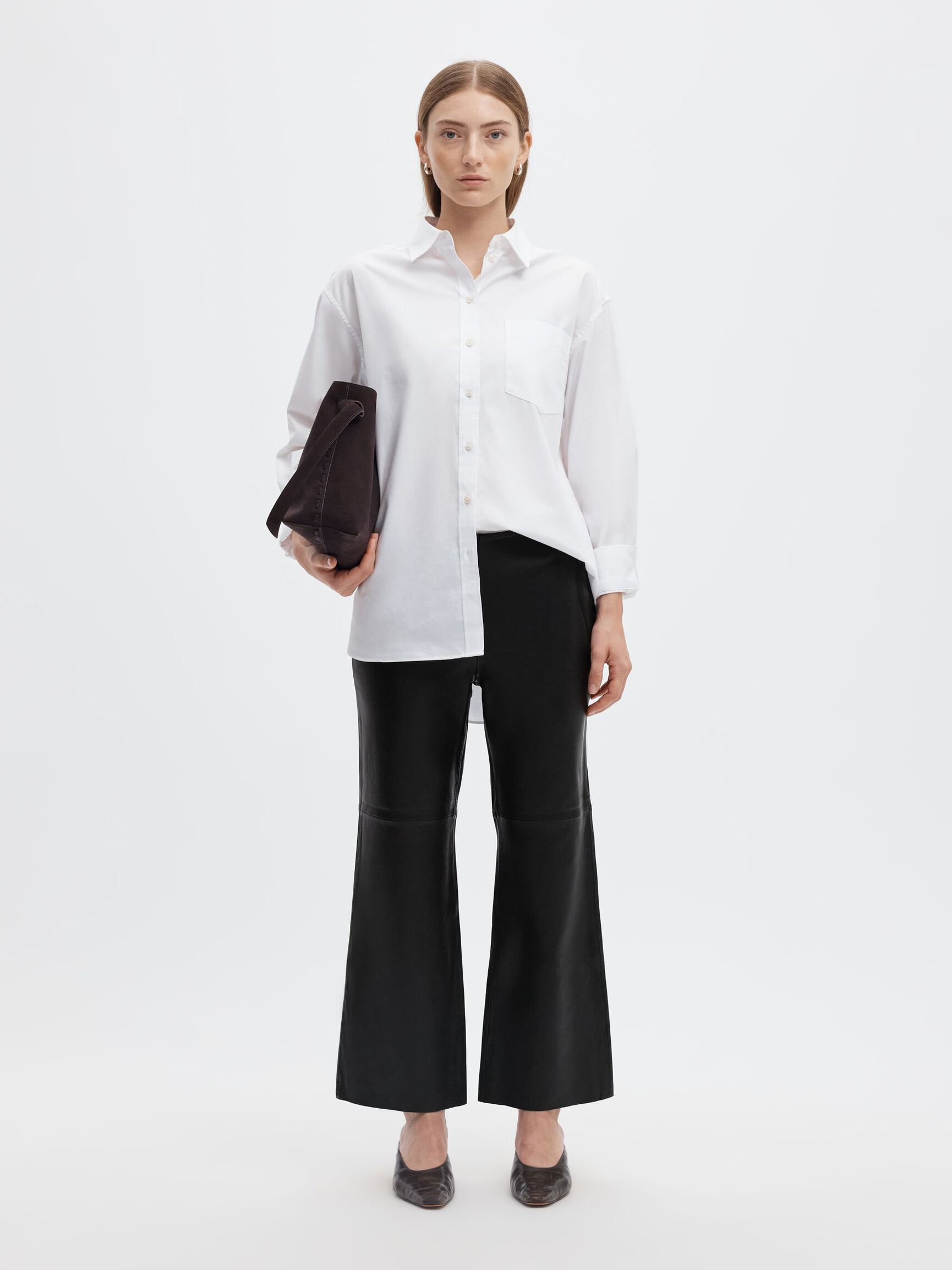 FLARED FIT LEATHER TROUSERS, Black, highres