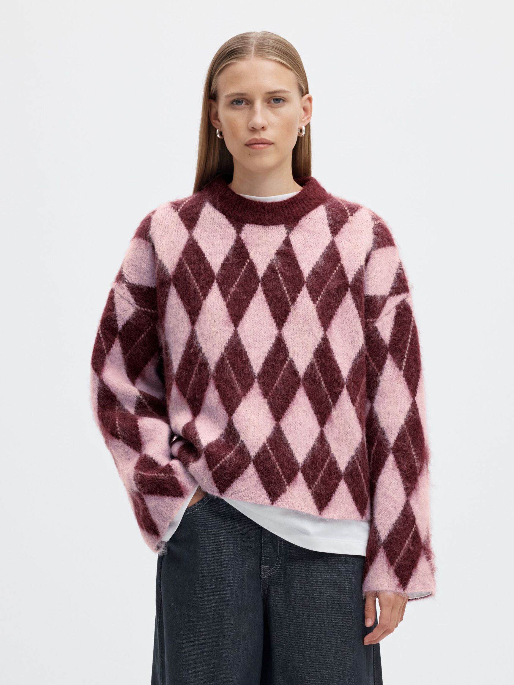 ARGYLE KNITTED JUMPER, Tawny Port, highres