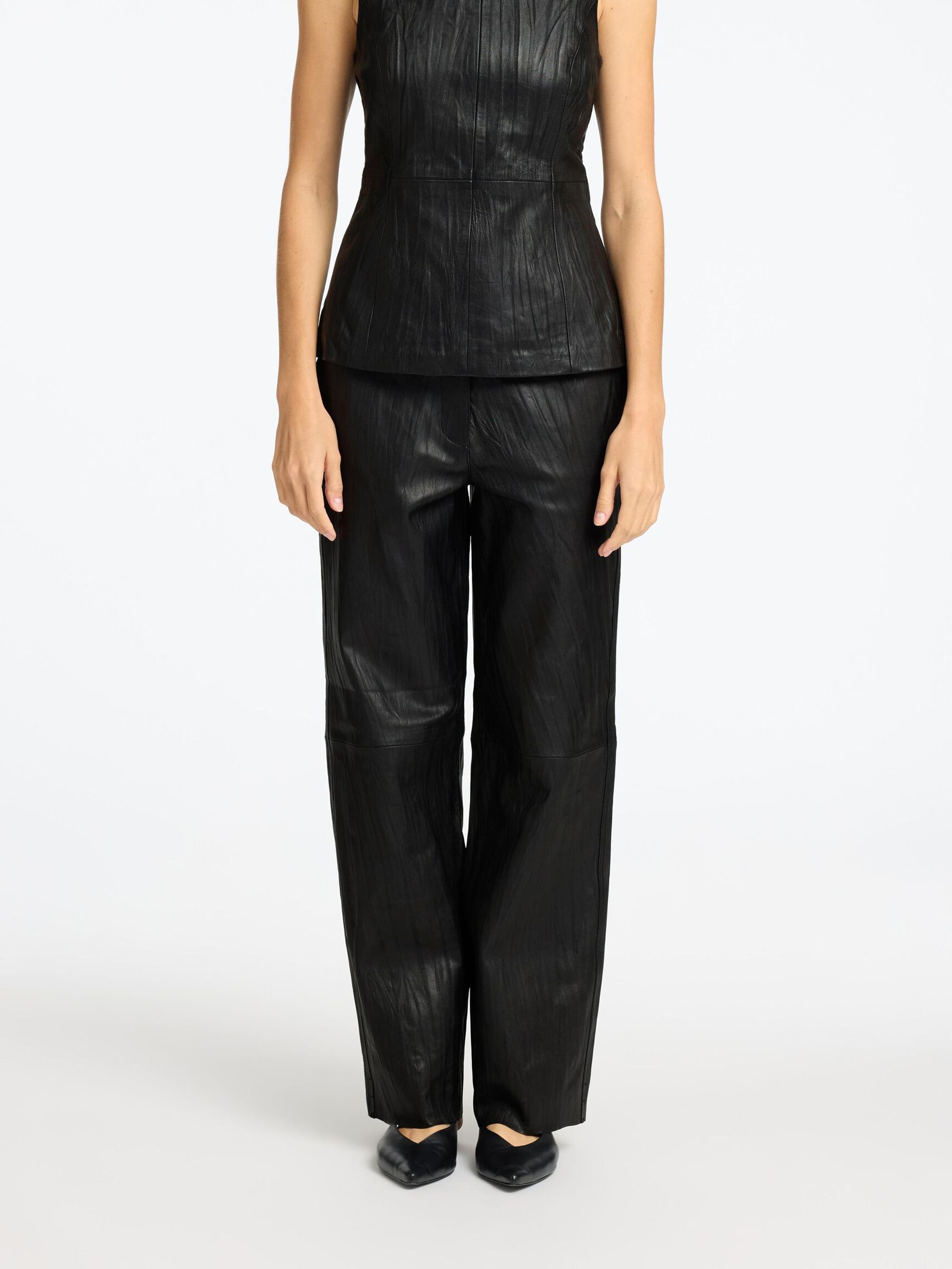 MID WAIST LEATHER TROUSERS, Black, highres