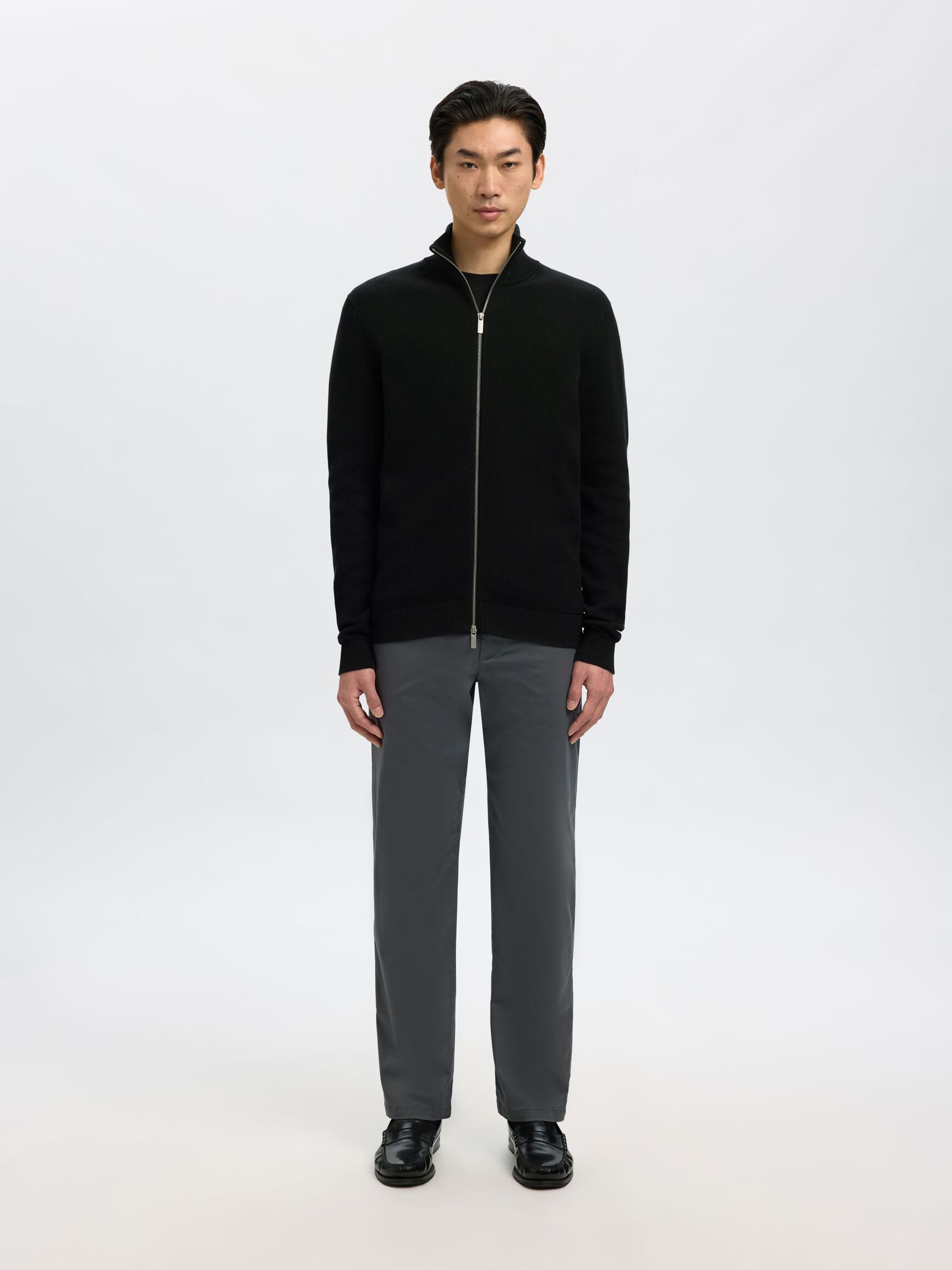 ZIPPED HIGH NECK KNITTED CARDIGAN, Black, highres