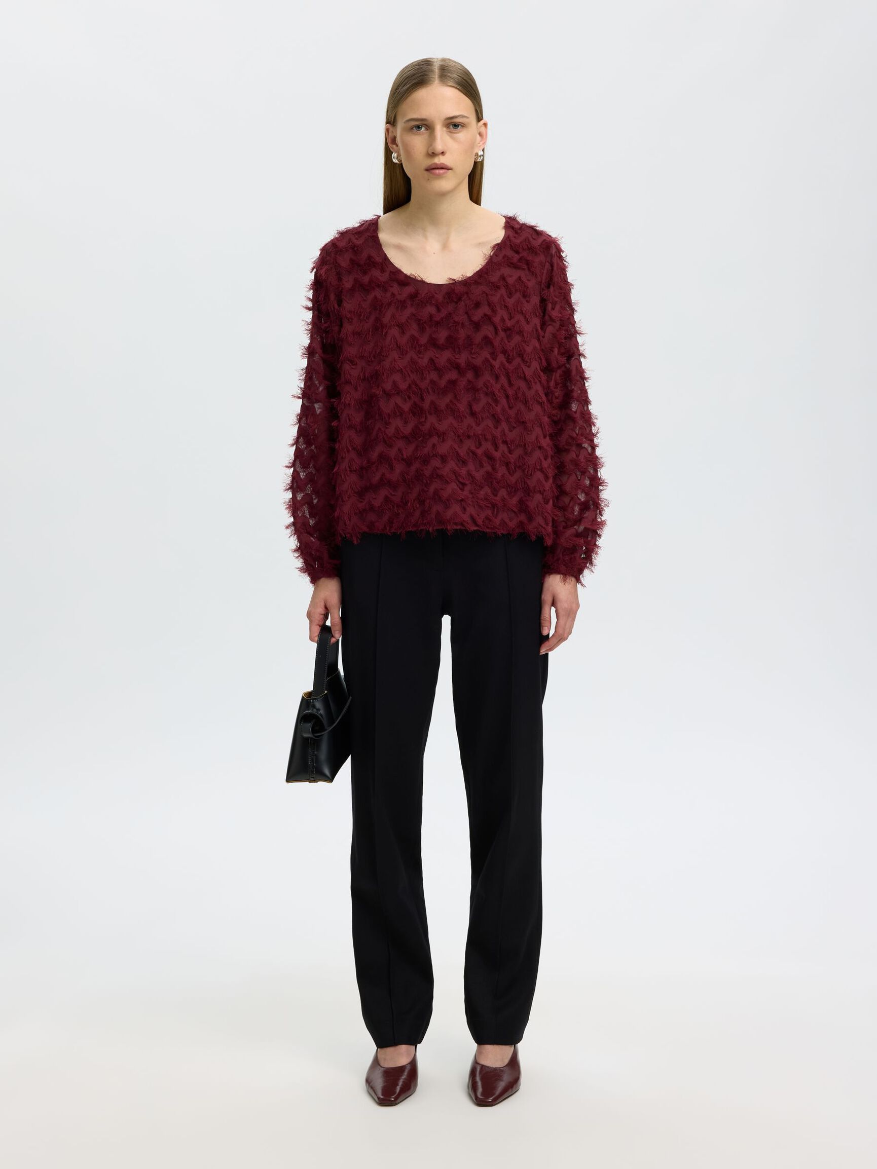 ZIGZAG FRINGE BALLOON SLEEVE TOP, Tawny Port, highres