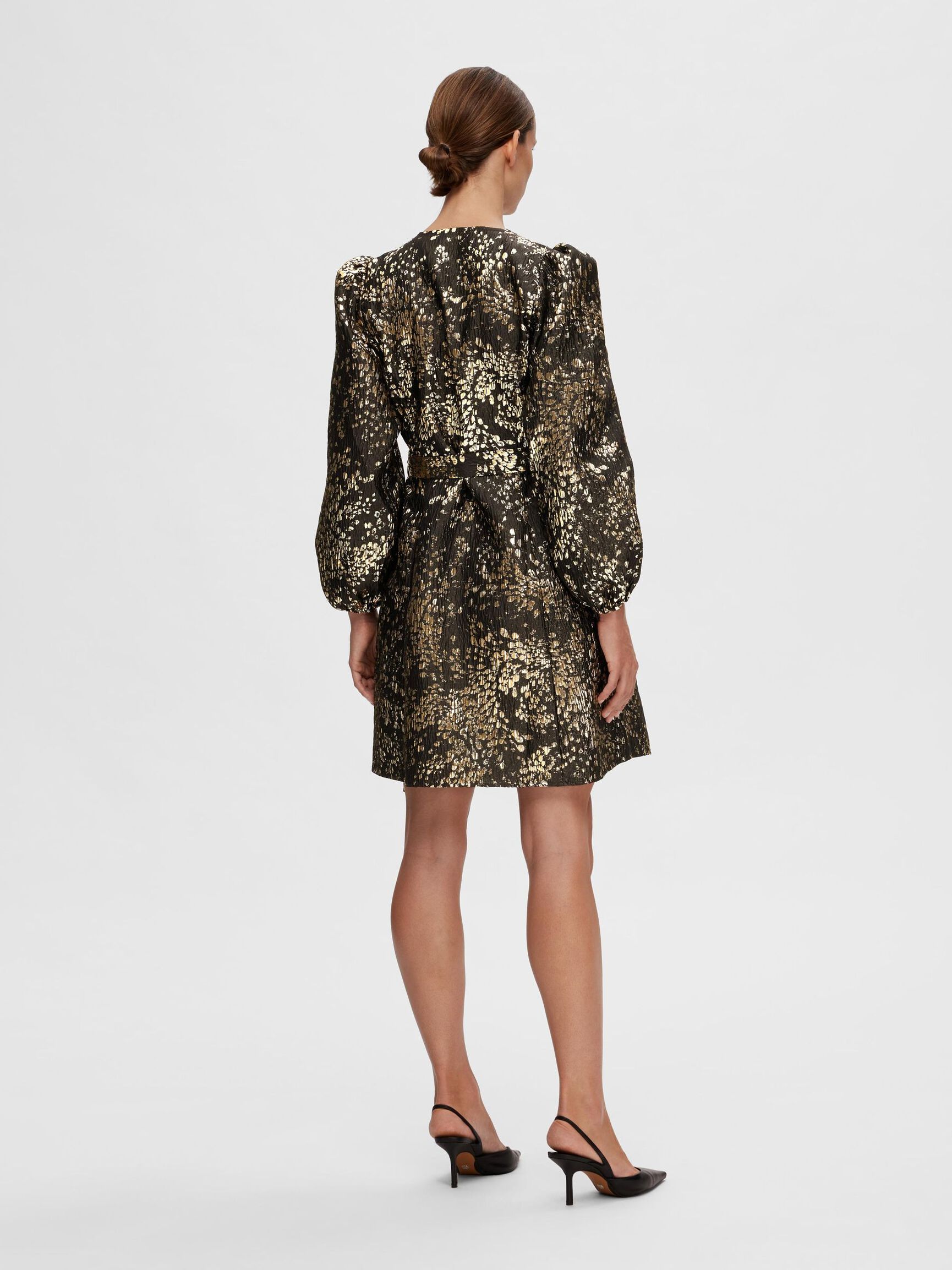 METALLIC JACQUARD MINIKLEID, Gold Colour, highres