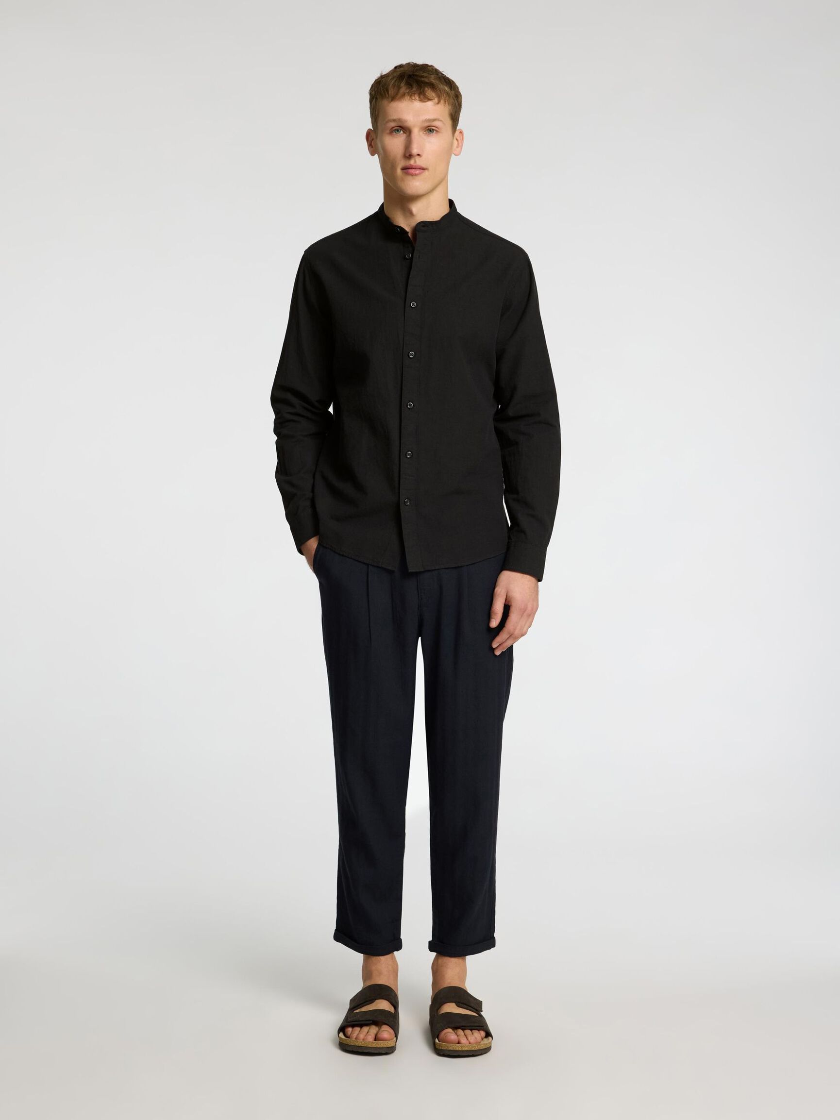 PRENDA DE MANGAS LARGAS EN MEZCLA DE LINO CAMISA, Black, highres
