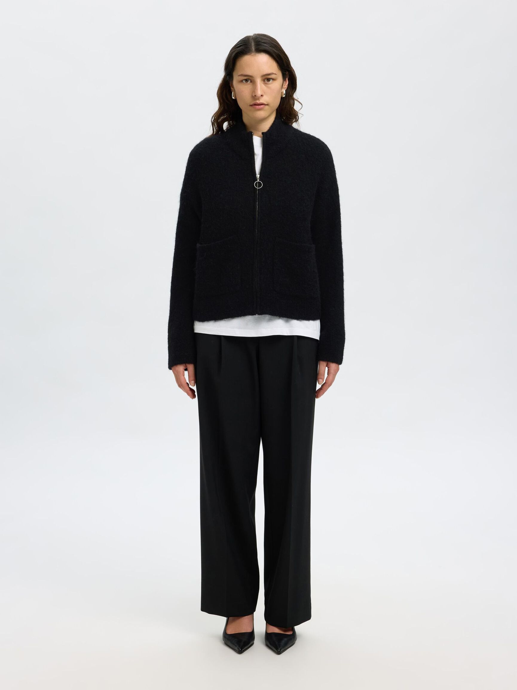 WOOL BLEND CARDIGAN, Black, highres